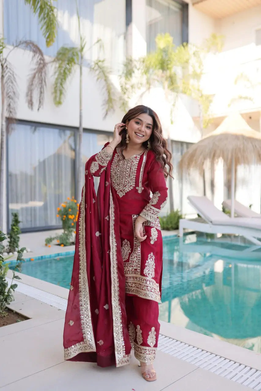 Embroidered Fendi Silk Kurta Pant Set with Dupatta