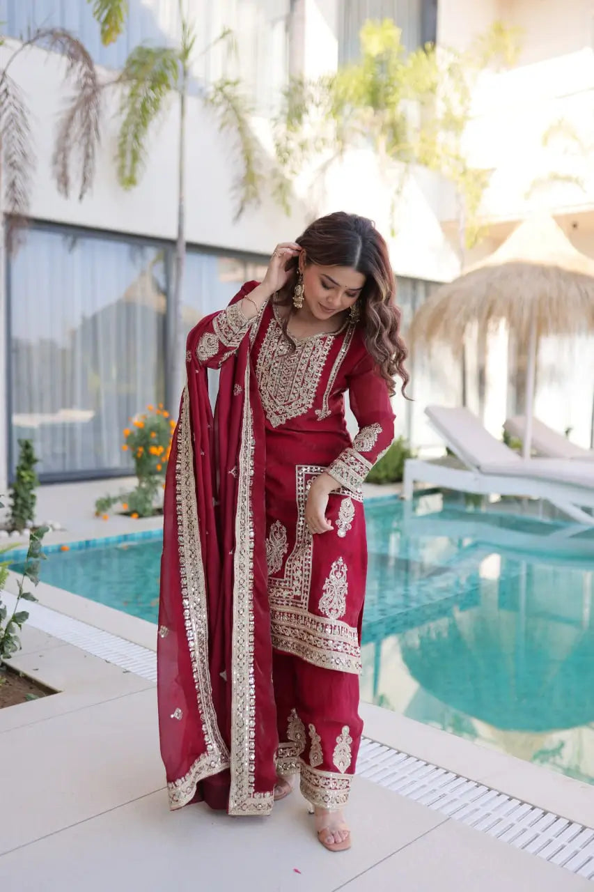 Embroidered Fendi Silk Kurta Pant Set with Dupatta