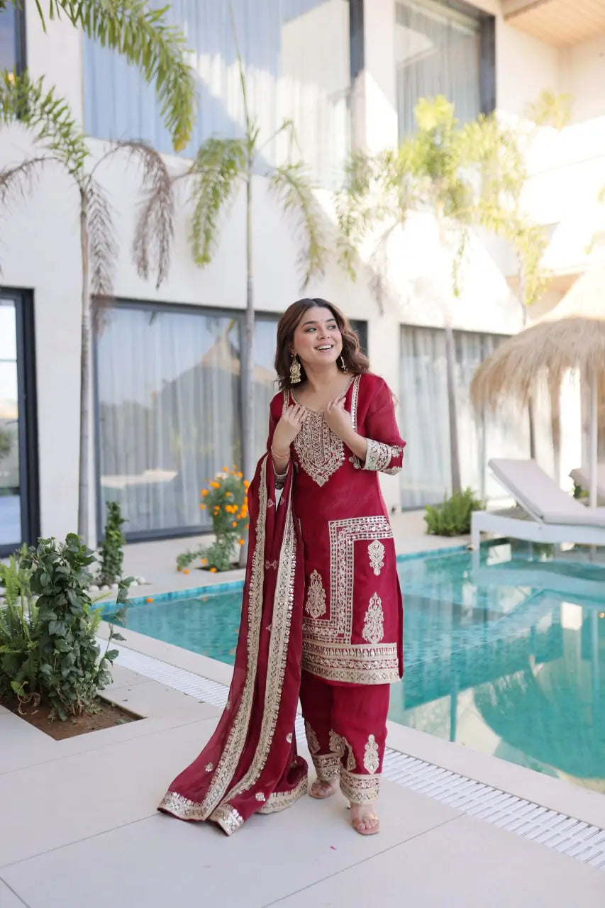 Embroidered Fendi Silk Kurta Pant Set with Dupatta