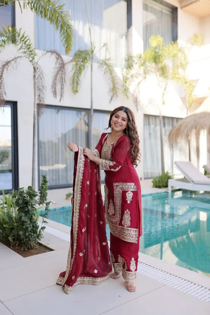 Embroidered Fendi Silk Kurta Pant Set with Dupatta