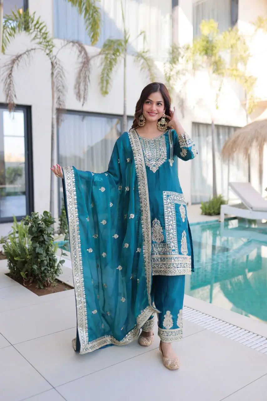 Embroidered Fendi Silk Kurta Pant Set with Dupatta