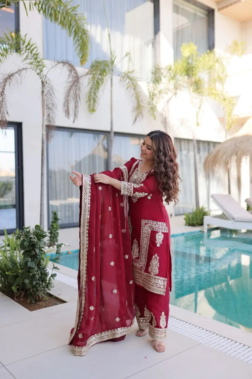 Embroidered Fendi Silk Kurta Pant Set with Dupatta