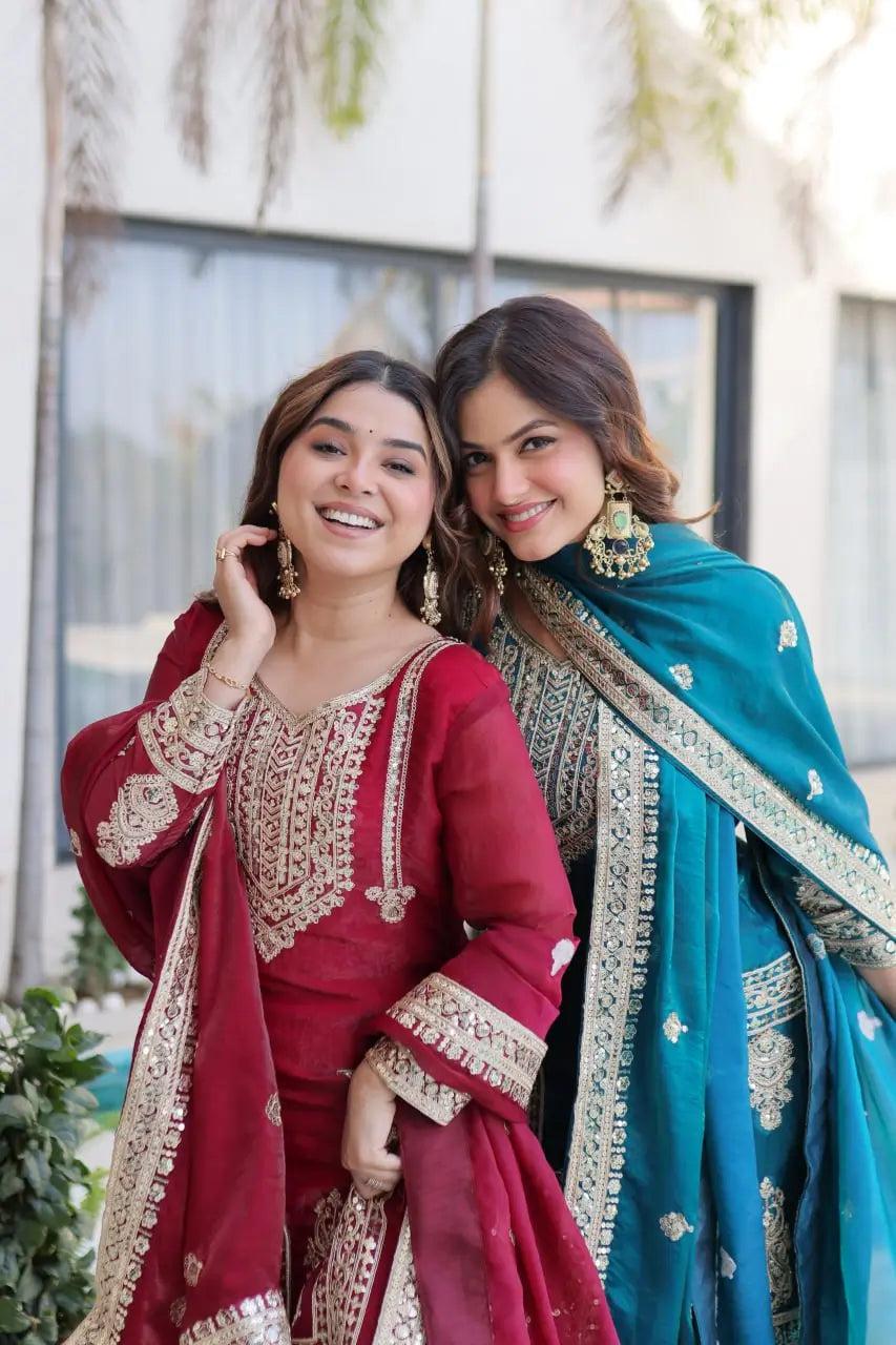 Embroidered Fendi Silk Kurta Pant Set with Dupatta