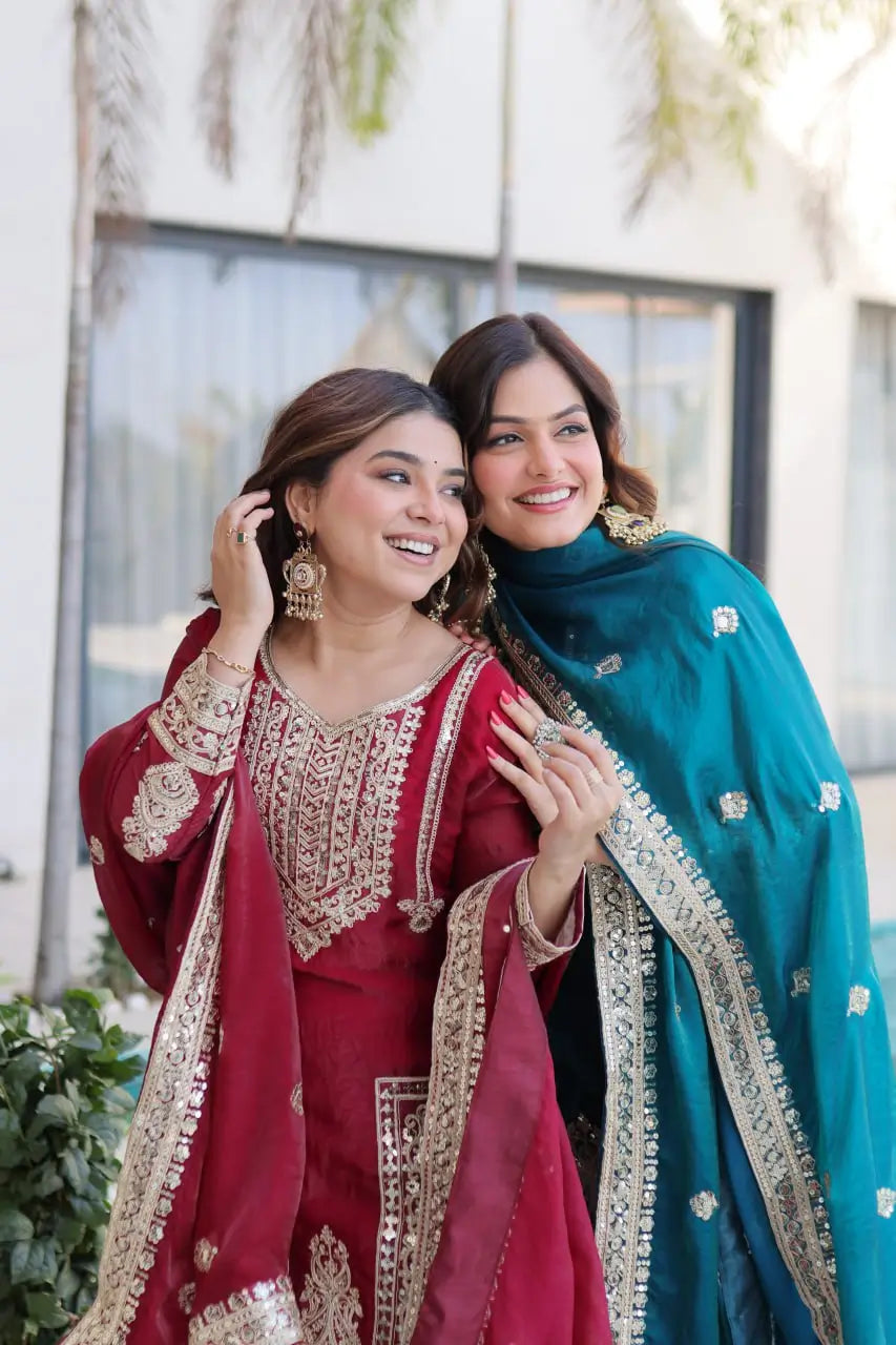 Embroidered Fendi Silk Kurta Pant Set with Dupatta