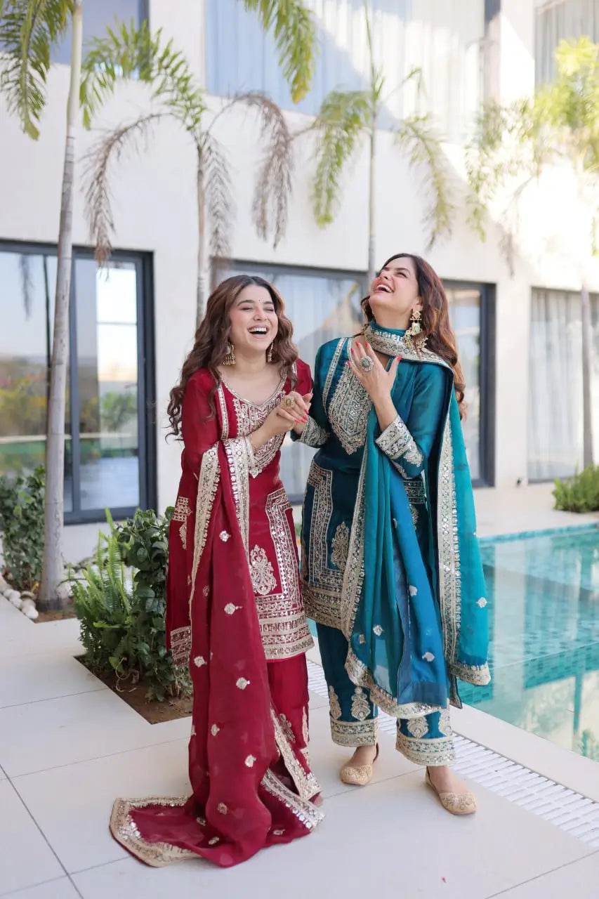 Embroidered Fendi Silk Kurta Pant Set with Dupatta