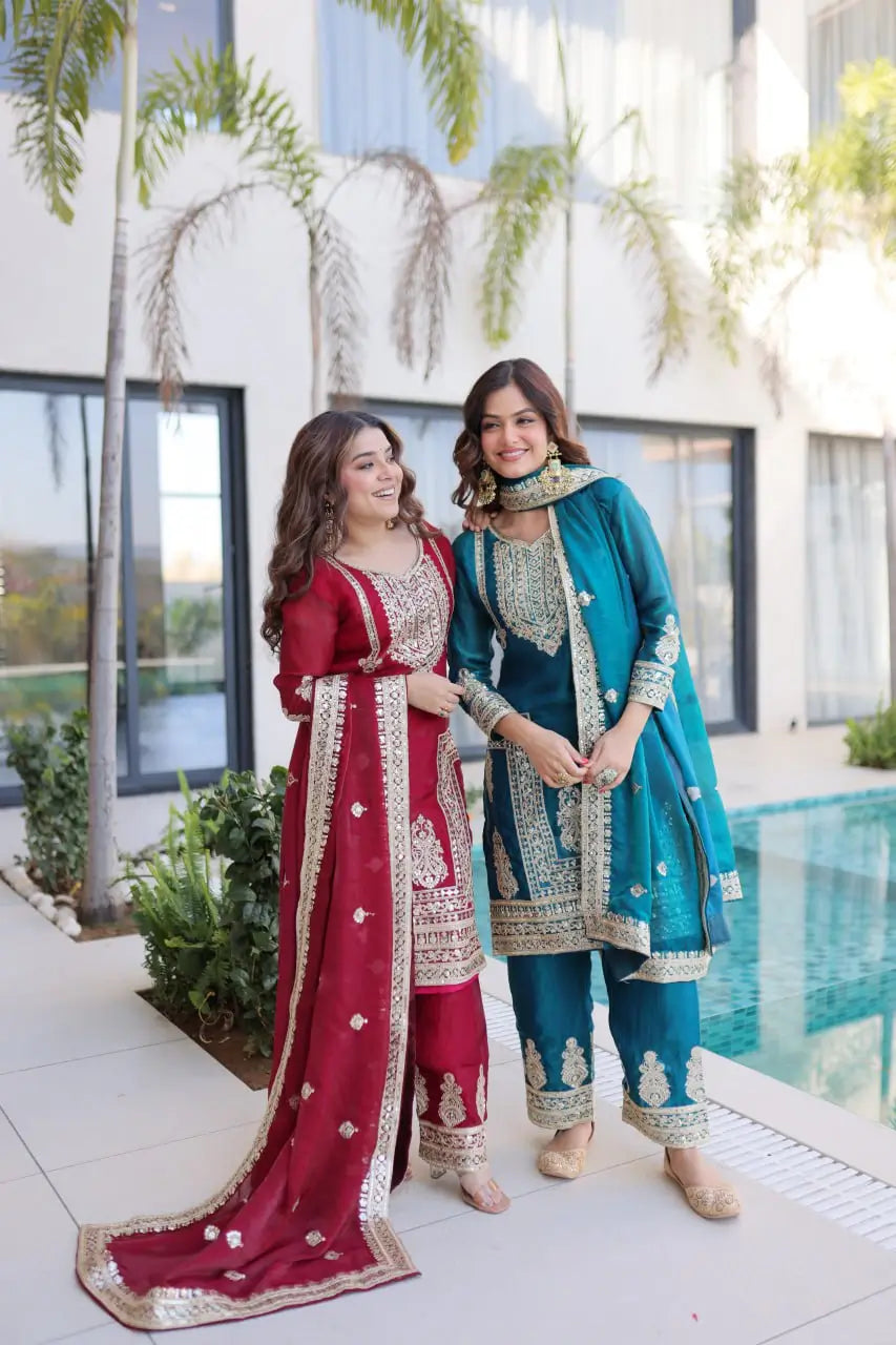 Embroidered Fendi Silk Kurta Pant Set with Dupatta