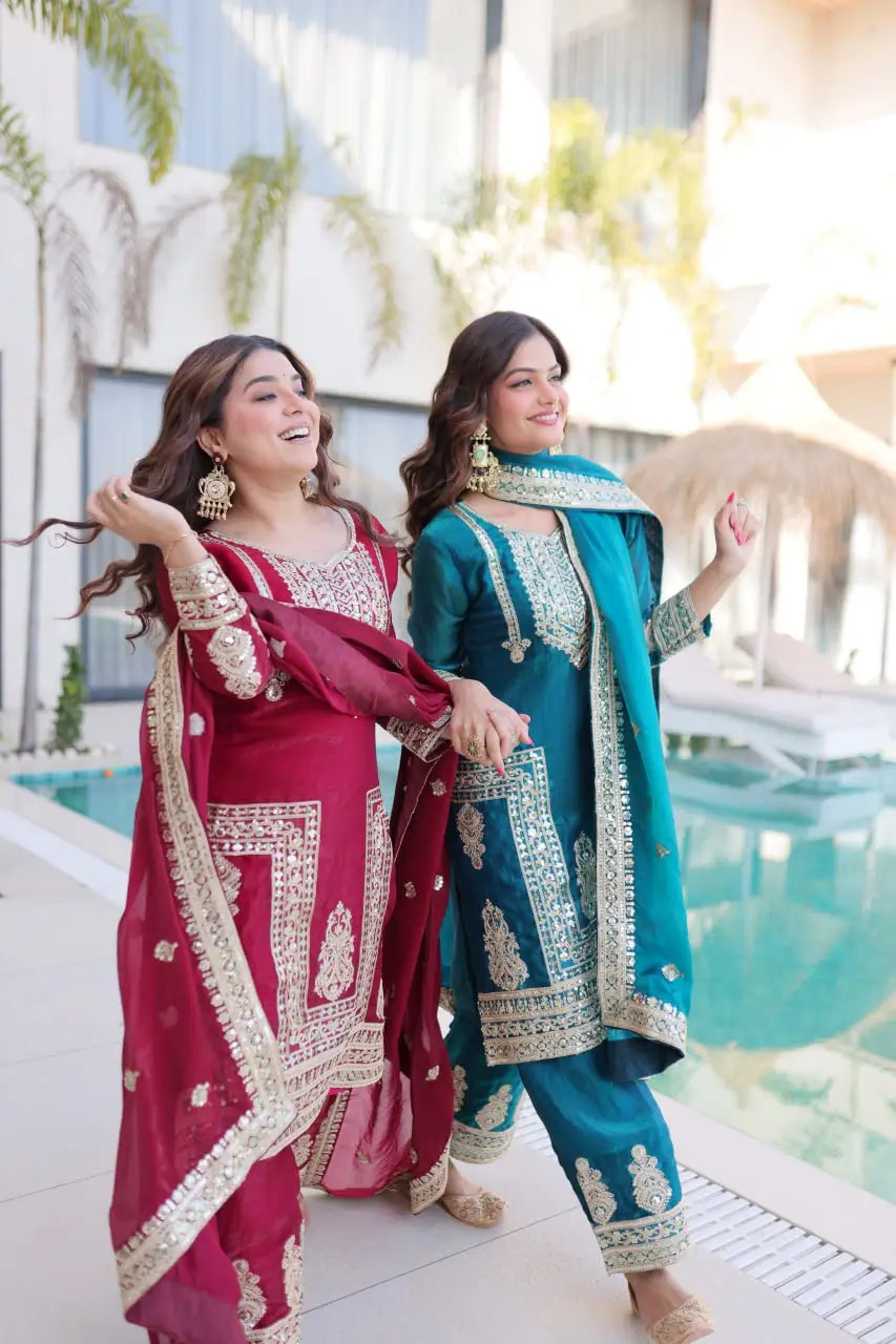 Embroidered Fendi Silk Kurta Pant Set with Dupatta