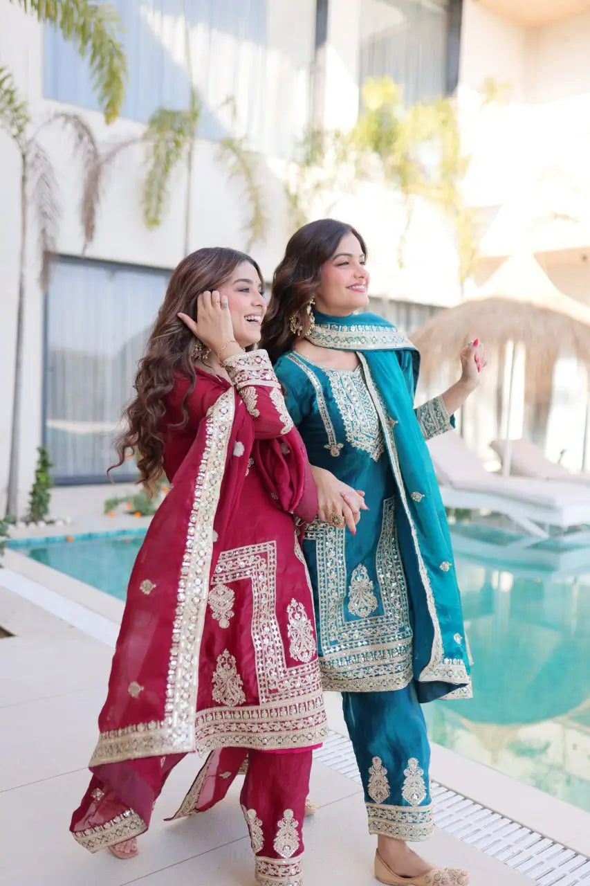 Embroidered Fendi Silk Kurta Pant Set with Dupatta