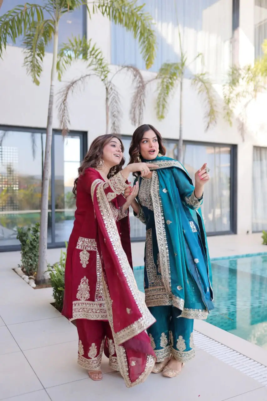 Embroidered Fendi Silk Kurta Pant Set with Dupatta