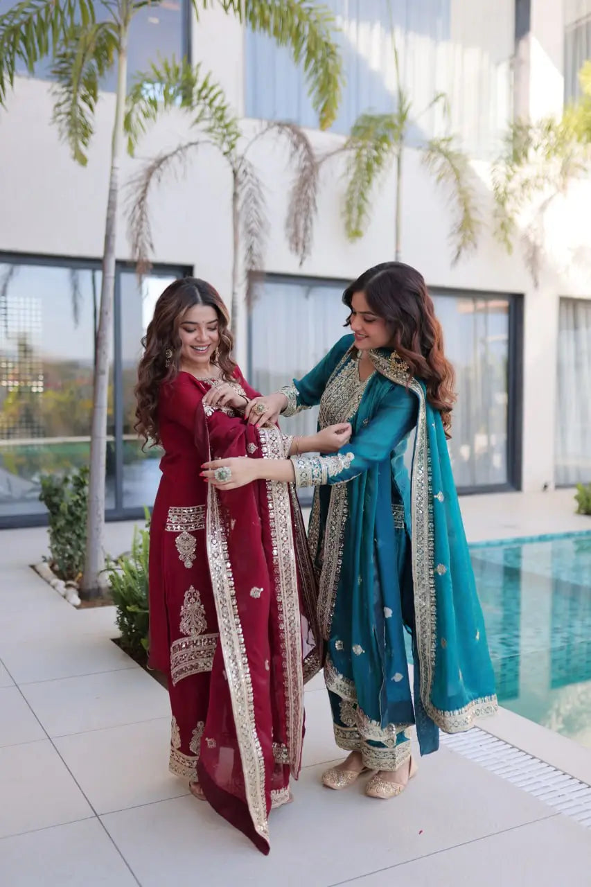 Embroidered Fendi Silk Kurta Pant Set with Dupatta