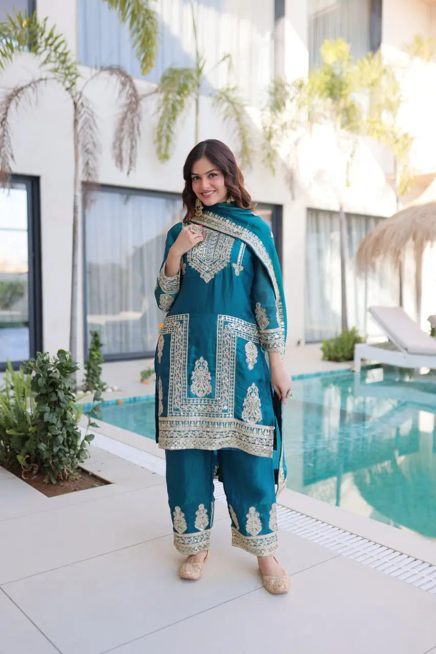 Embroidered Fendi Silk Kurta Pant Set with Dupatta