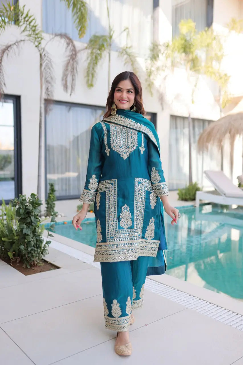 Embroidered Fendi Silk Kurta Pant Set with Dupatta