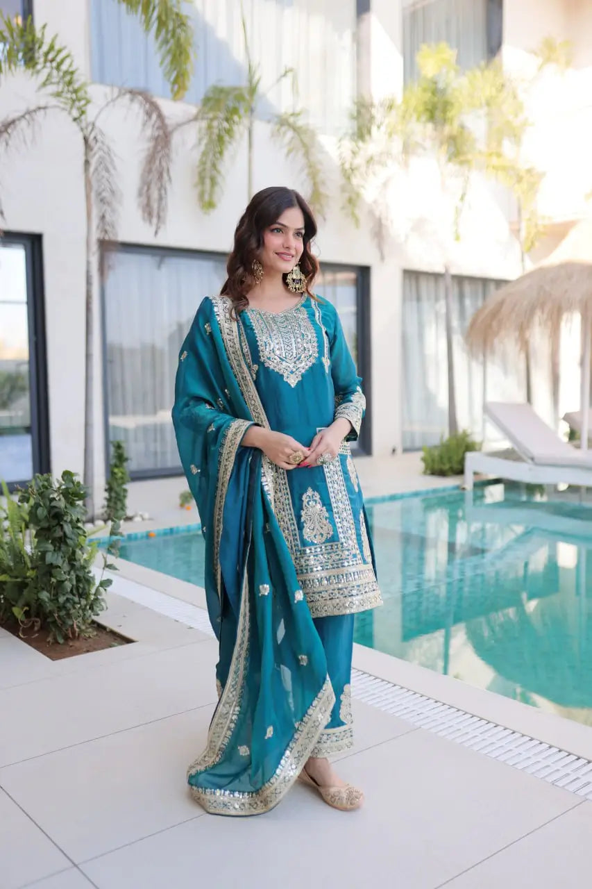 Embroidered Fendi Silk Kurta Pant Set with Dupatta