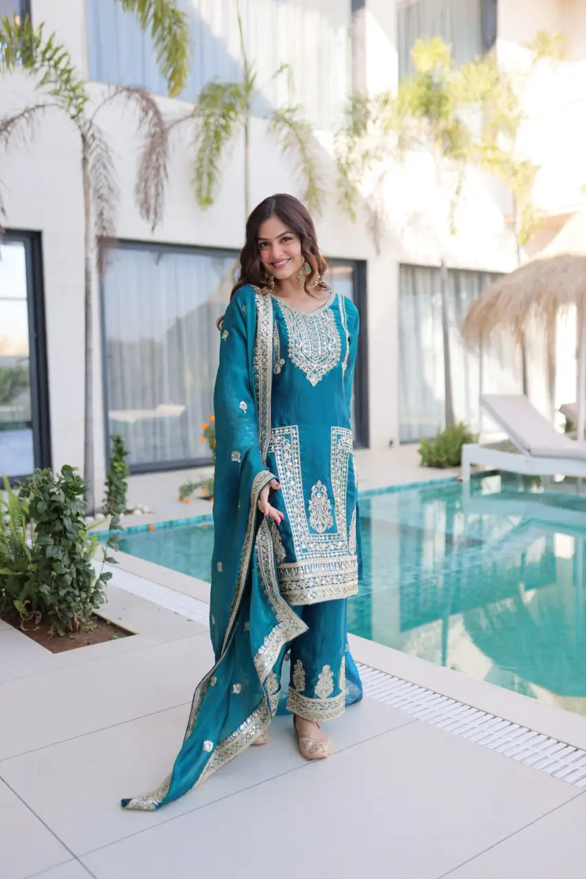 Embroidered Fendi Silk Kurta Pant Set with Dupatta