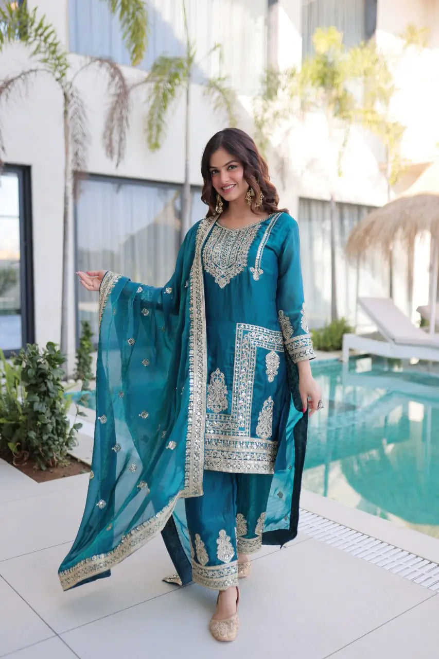 Embroidered Fendi Silk Kurta Pant Set with Dupatta