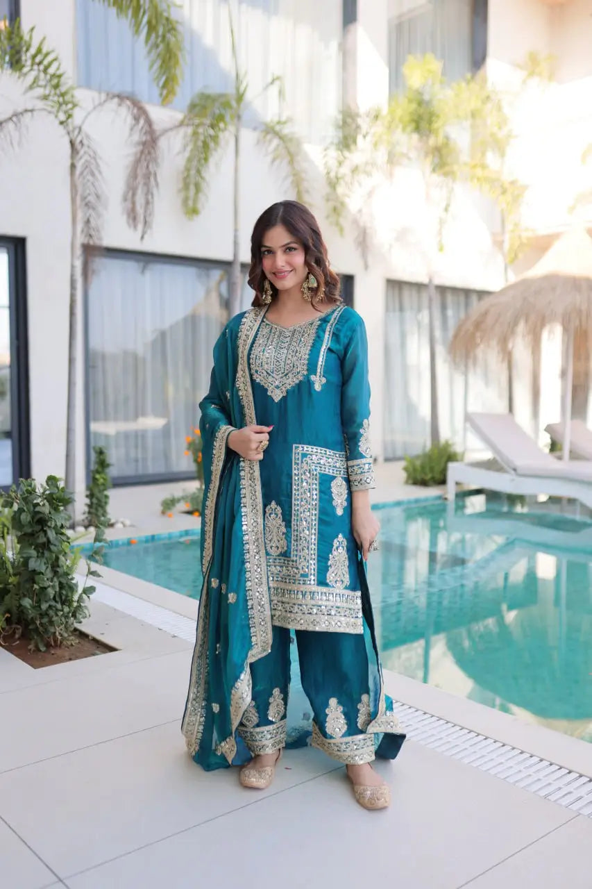 Embroidered Fendi Silk Kurta Pant Set with Dupatta