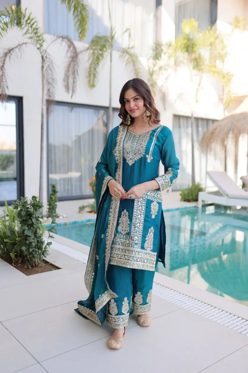 Embroidered Fendi Silk Kurta Pant Set with Dupatta