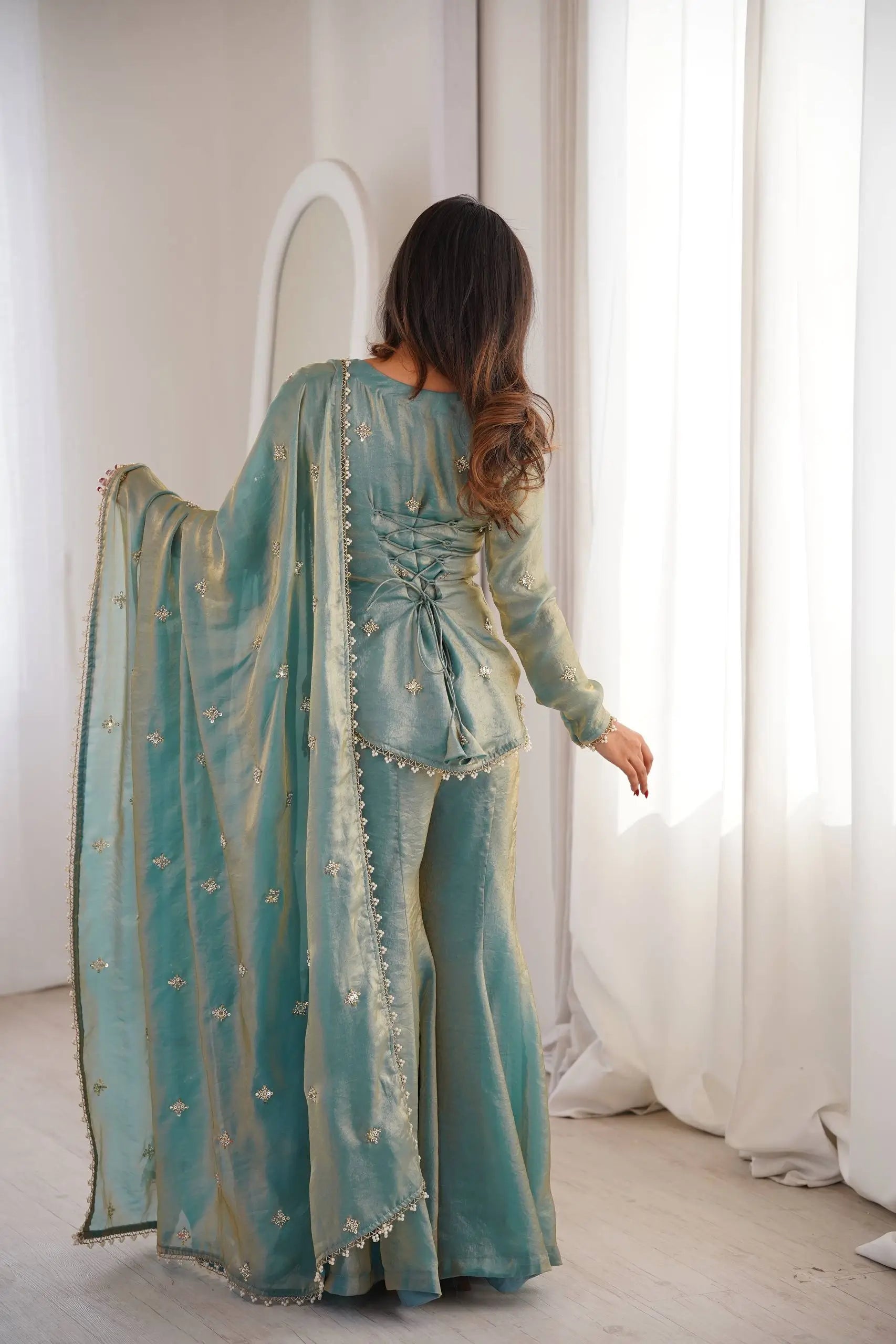 Embroidered Fendi Silk Sharara Set with Dupatta