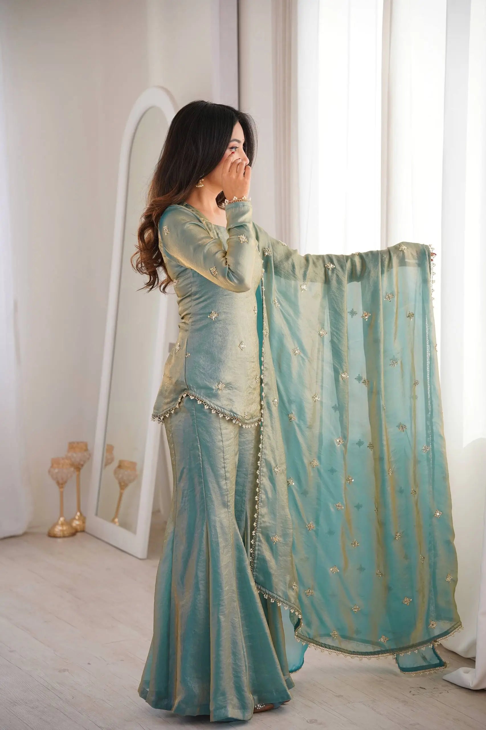 Embroidered Fendi Silk Sharara Set with Dupatta