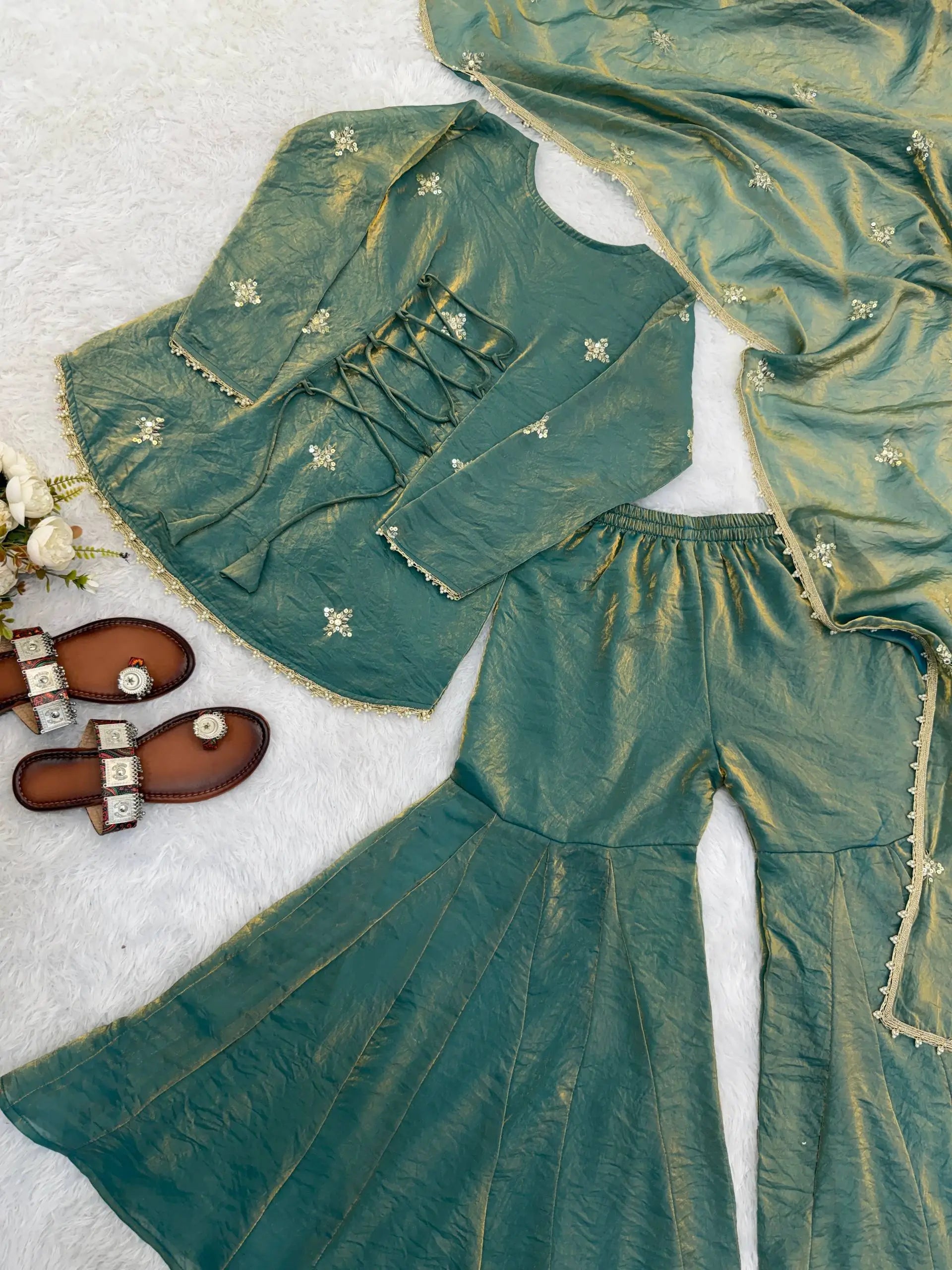 Embroidered Fendi Silk Sharara Set with Dupatta