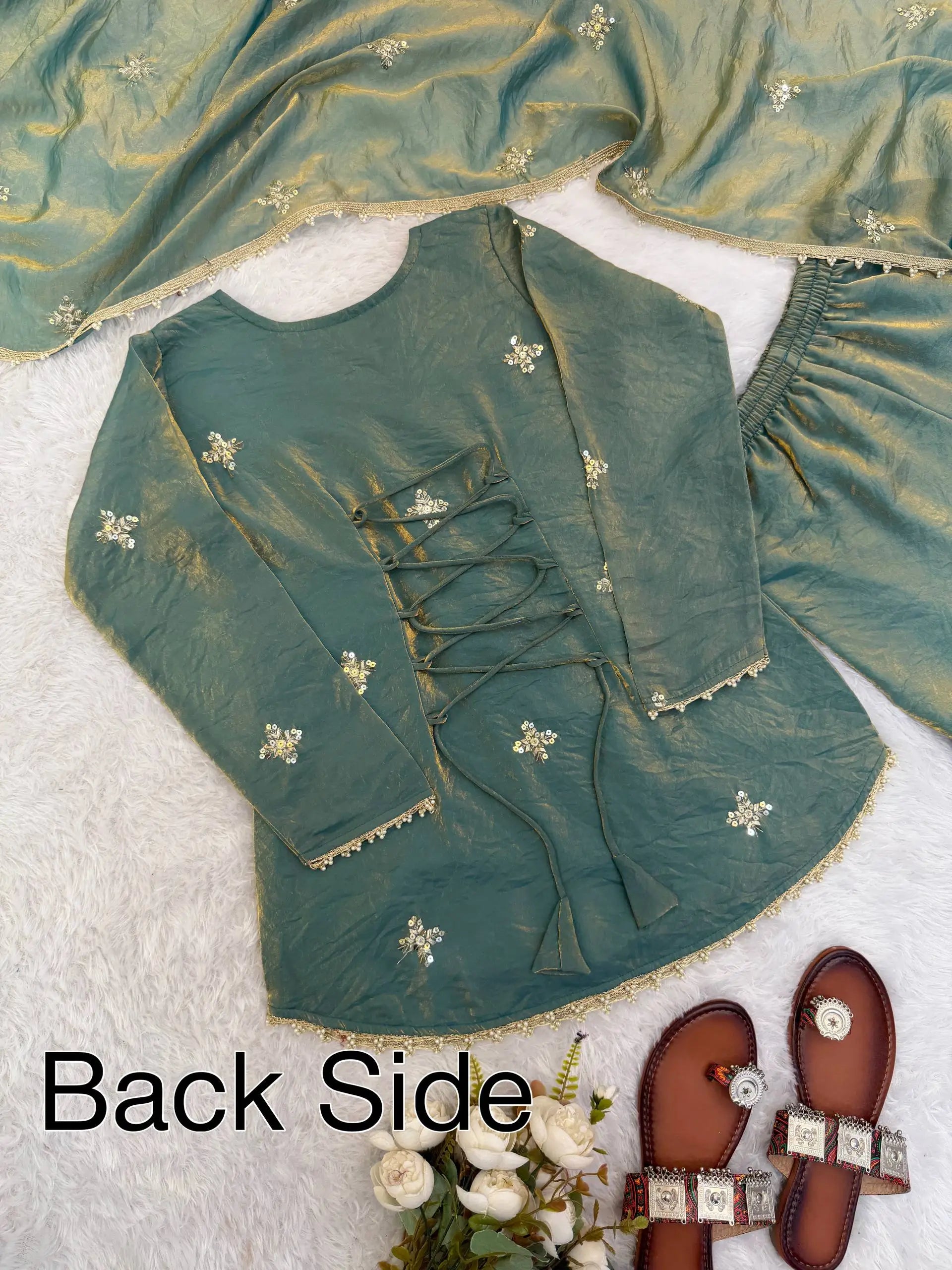 Embroidered Fendi Silk Sharara Set with Dupatta