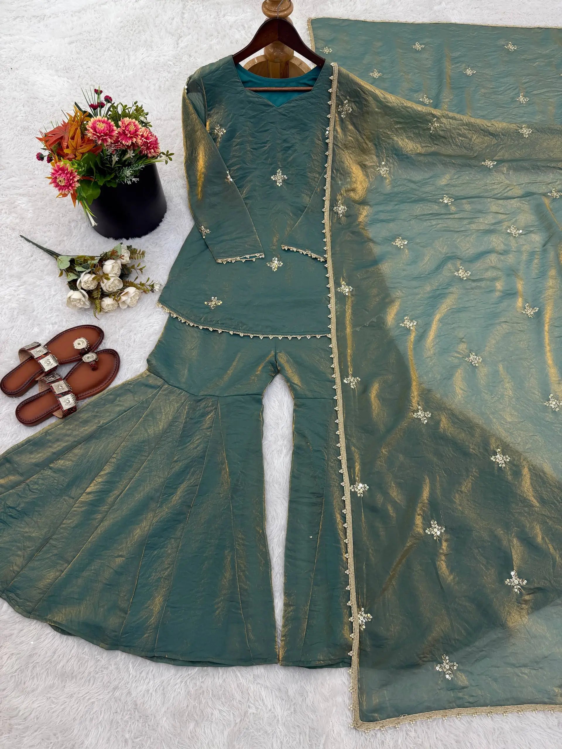 Embroidered Fendi Silk Sharara Set with Dupatta