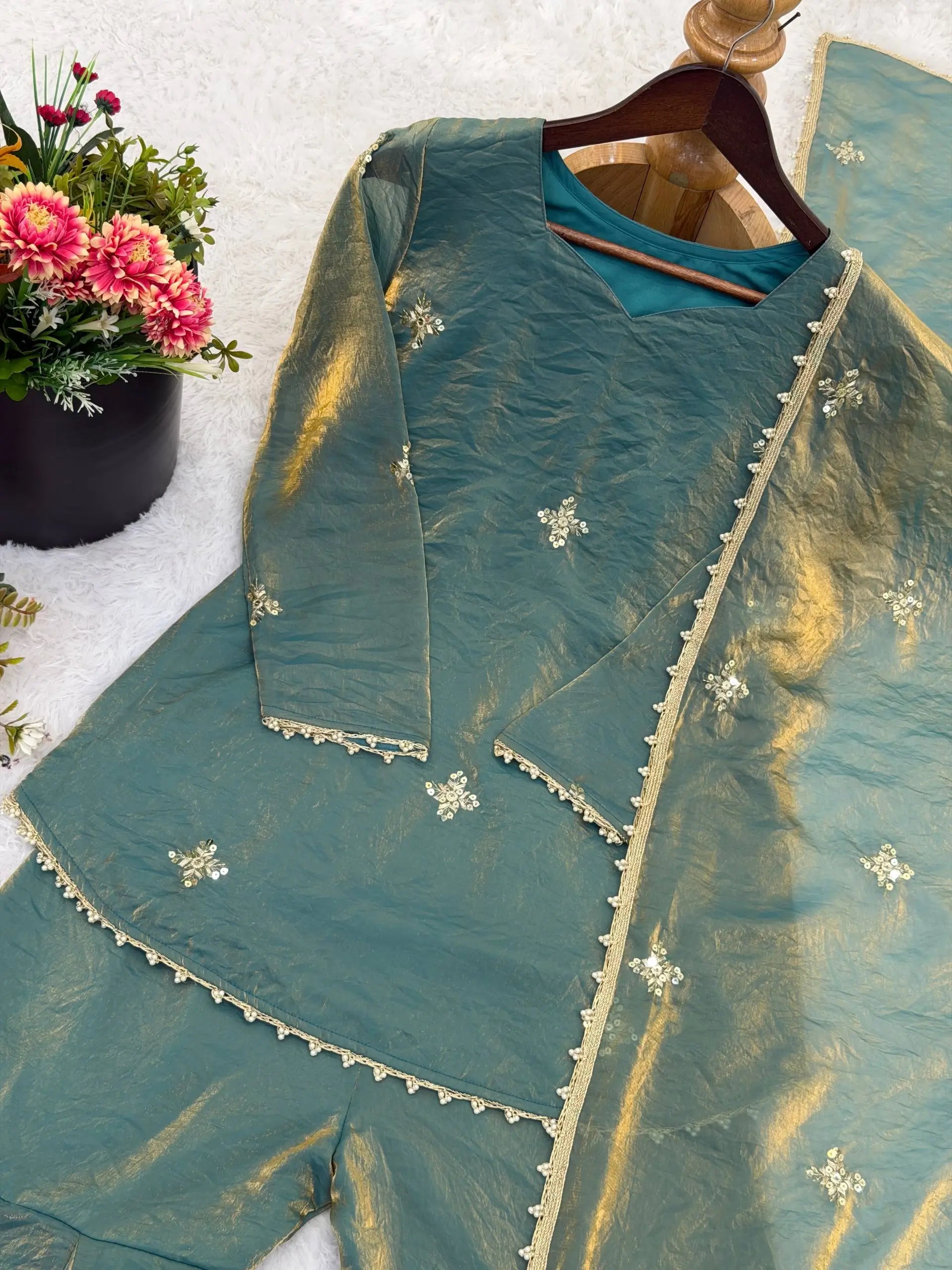 Embroidered Fendi Silk Sharara Set with Dupatta