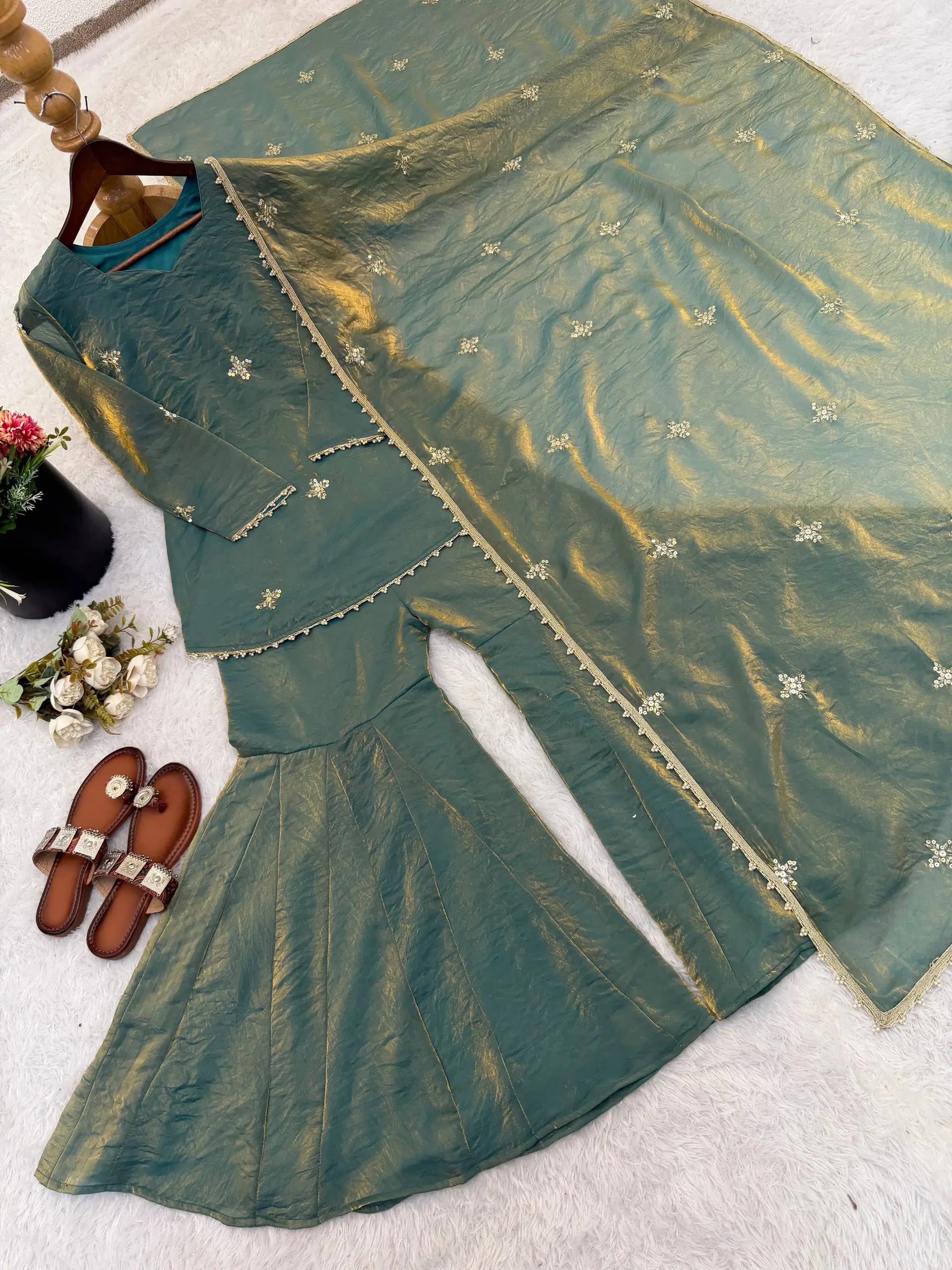 Embroidered Fendi Silk Sharara Set with Dupatta