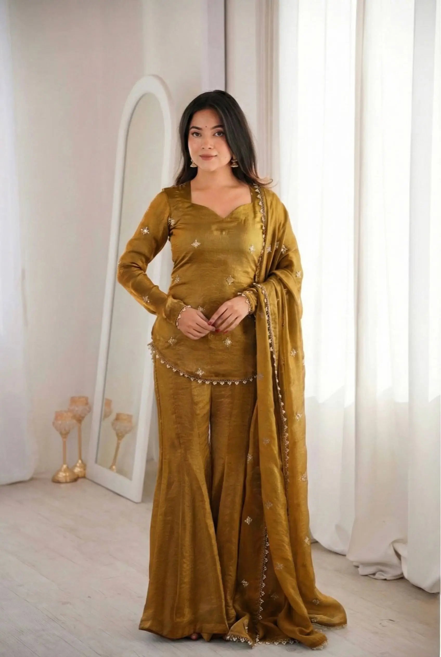 Embroidered Fendi Silk Sharara Set with Dupatta