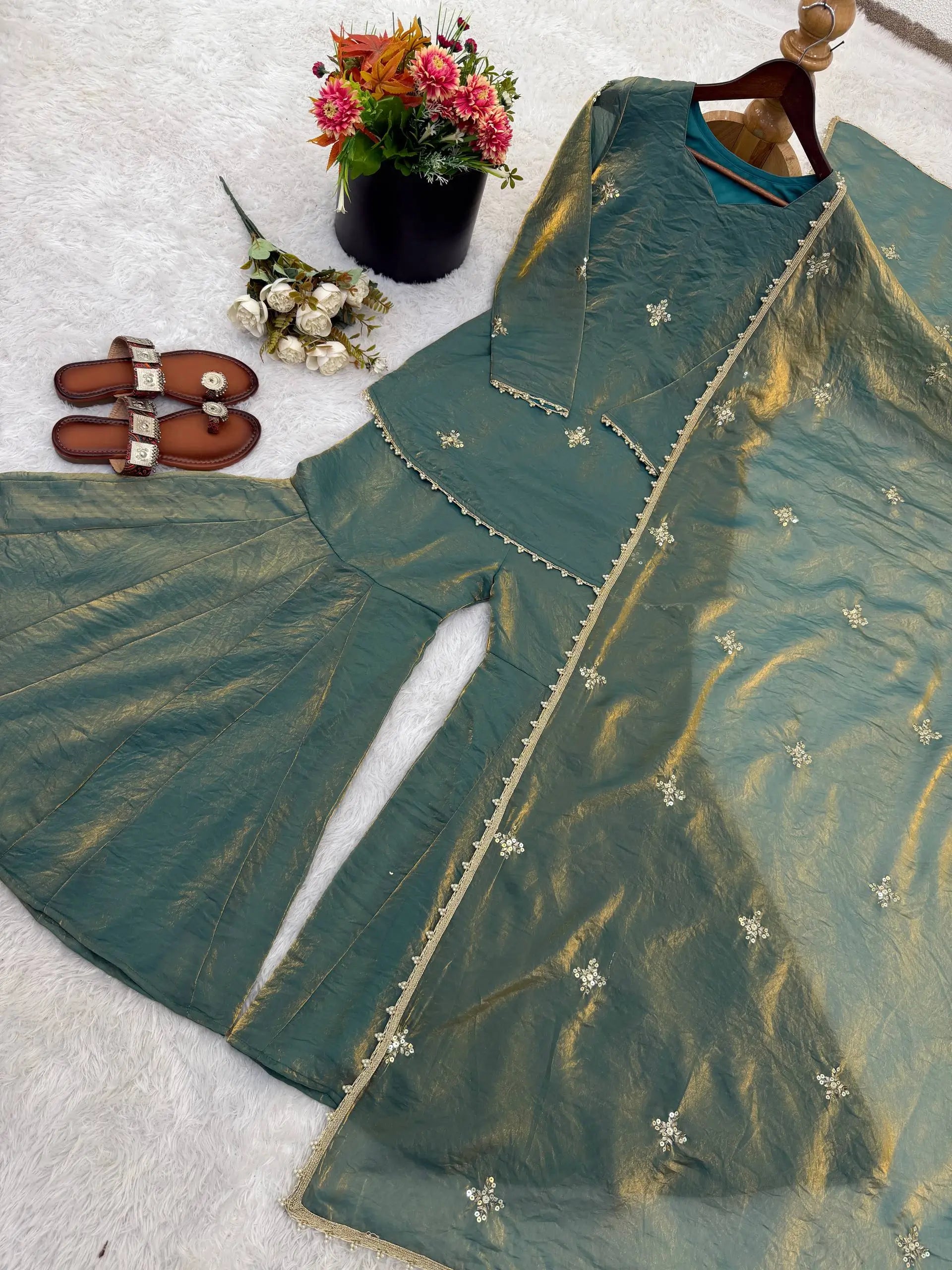 Embroidered Fendi Silk Sharara Set with Dupatta