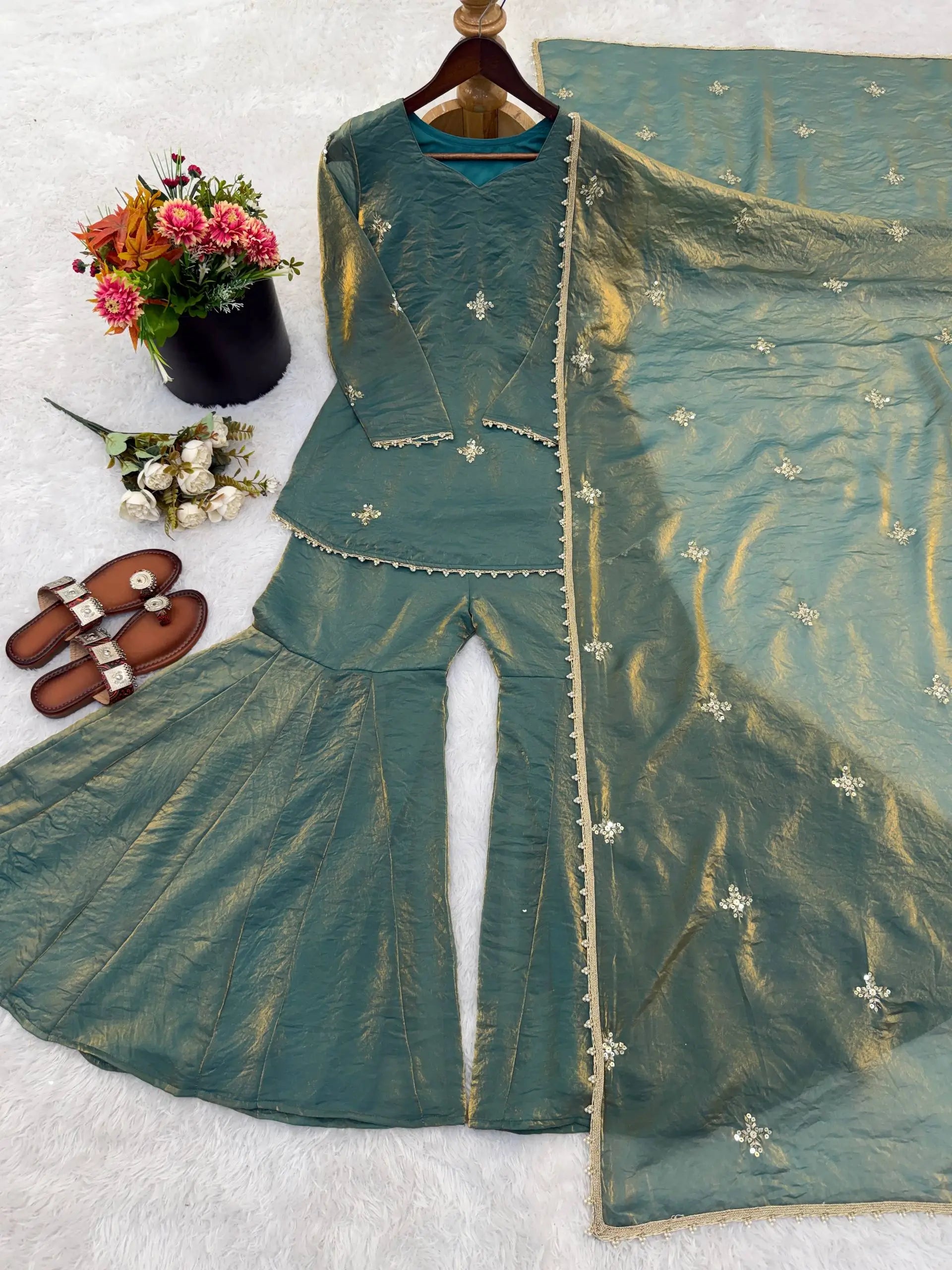 Embroidered Fendi Silk Sharara Set with Dupatta