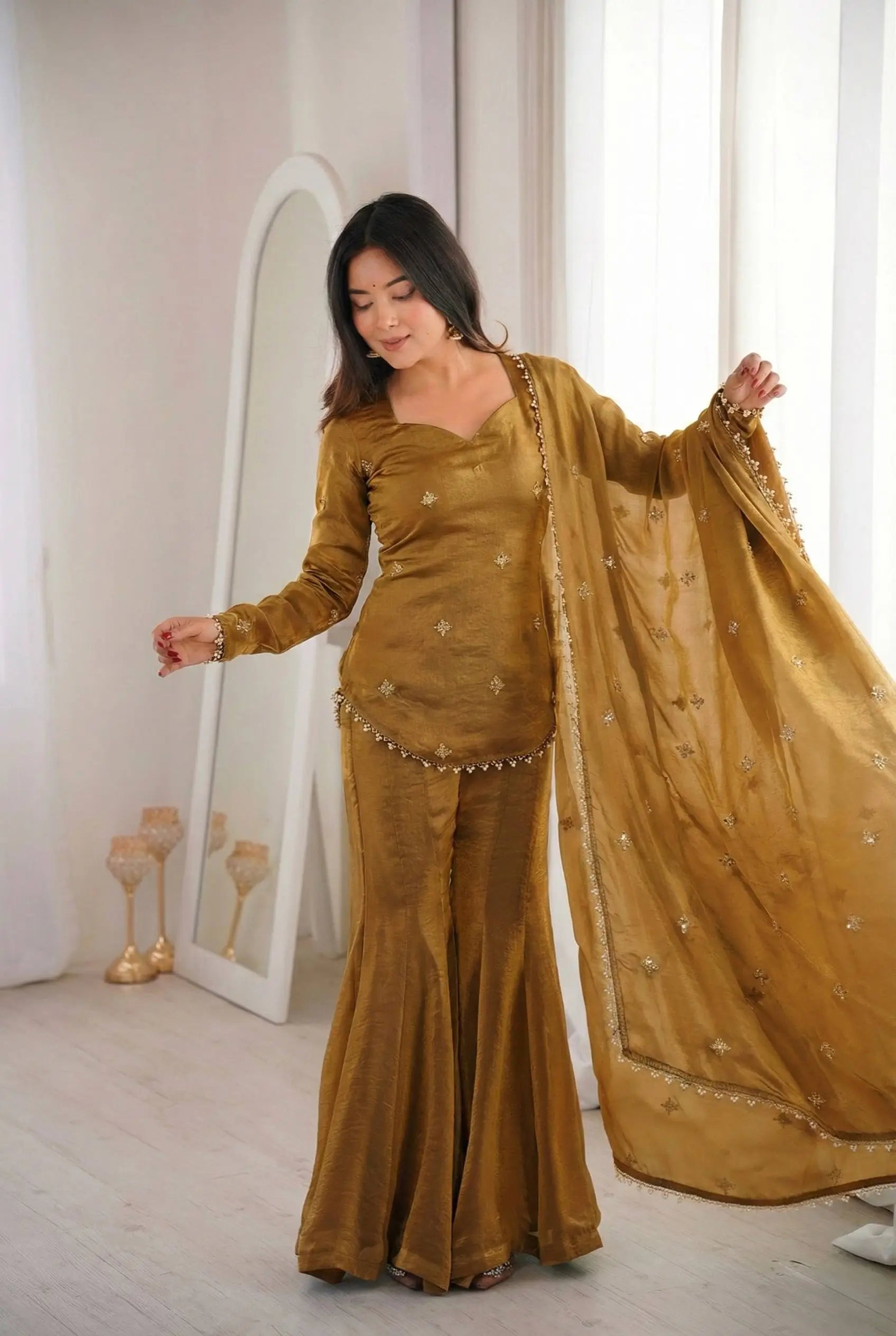 Embroidered Fendi Silk Sharara Set with Dupatta