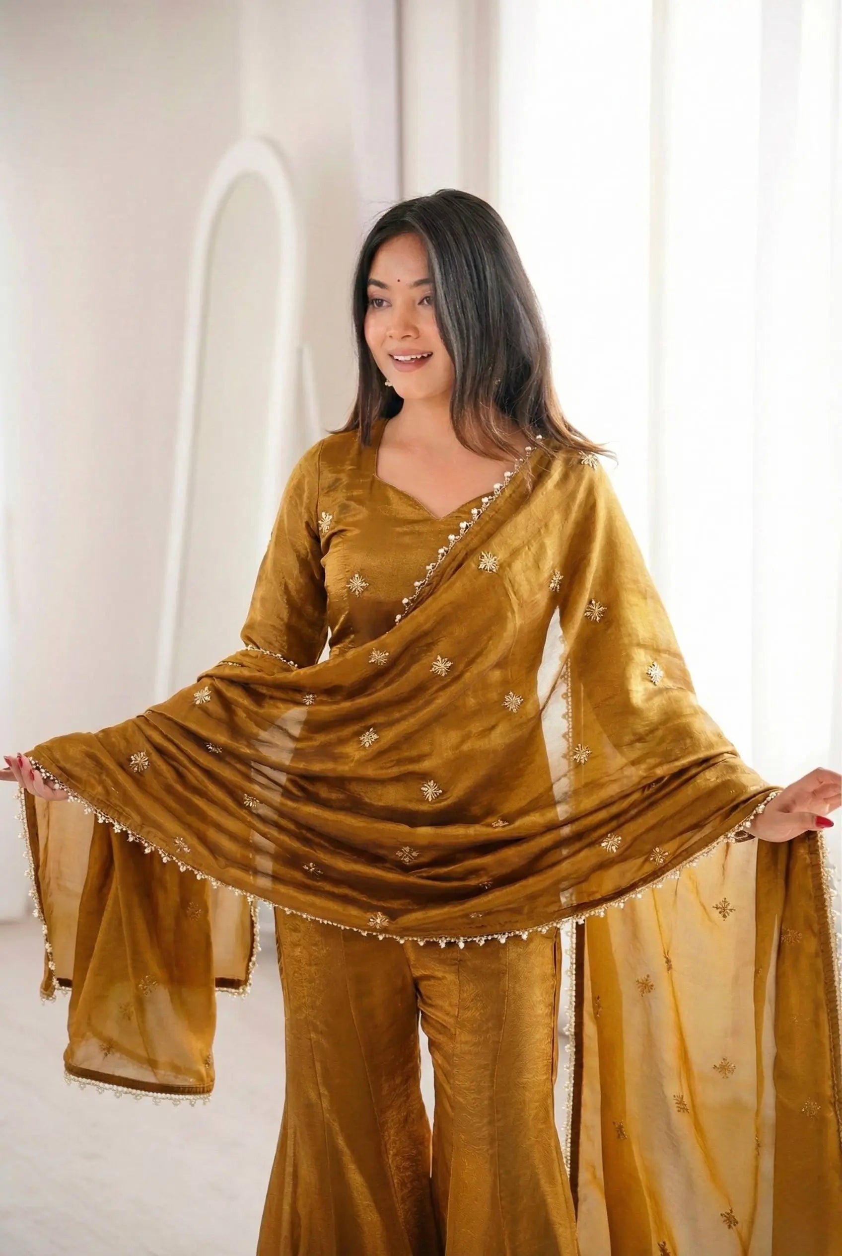Embroidered Fendi Silk Sharara Set with Dupatta