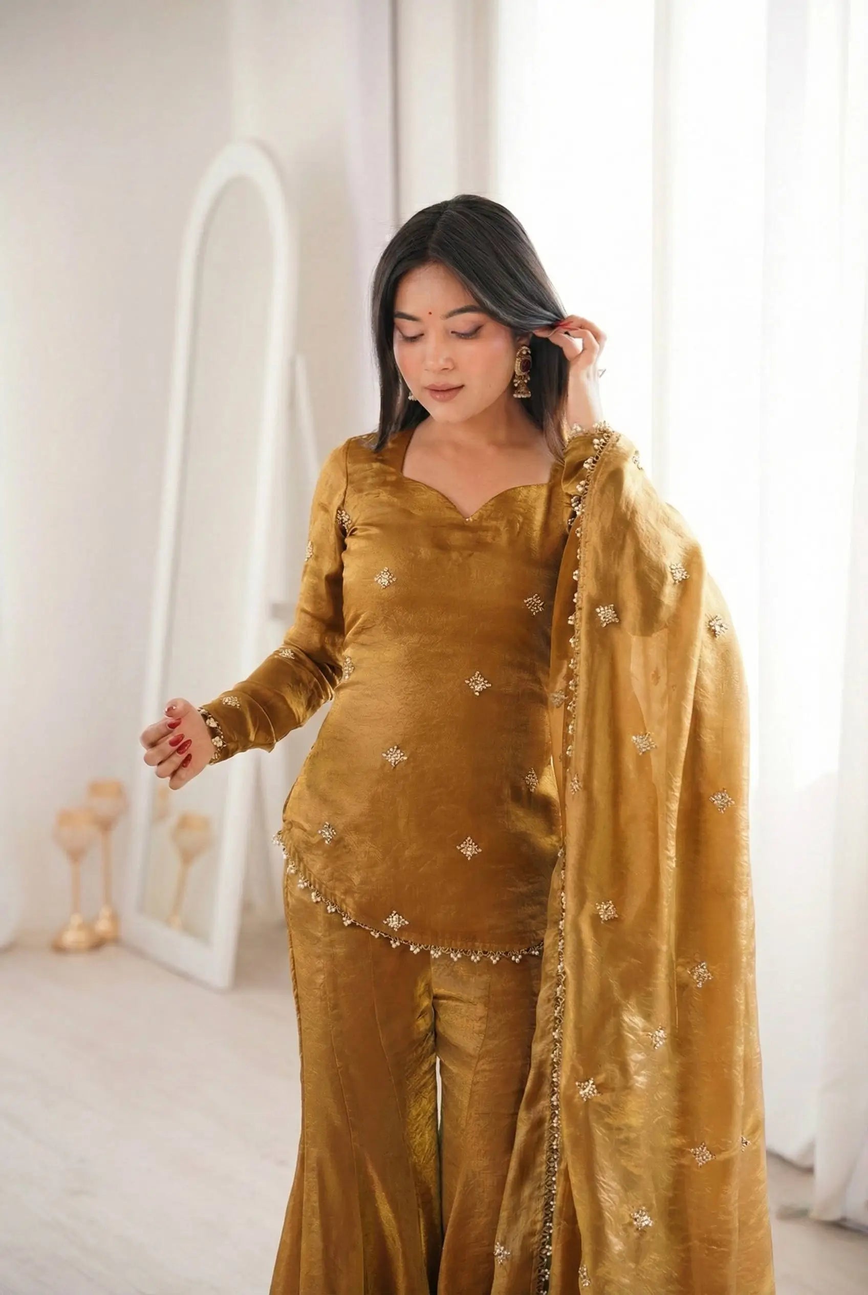 Embroidered Fendi Silk Sharara Set with Dupatta