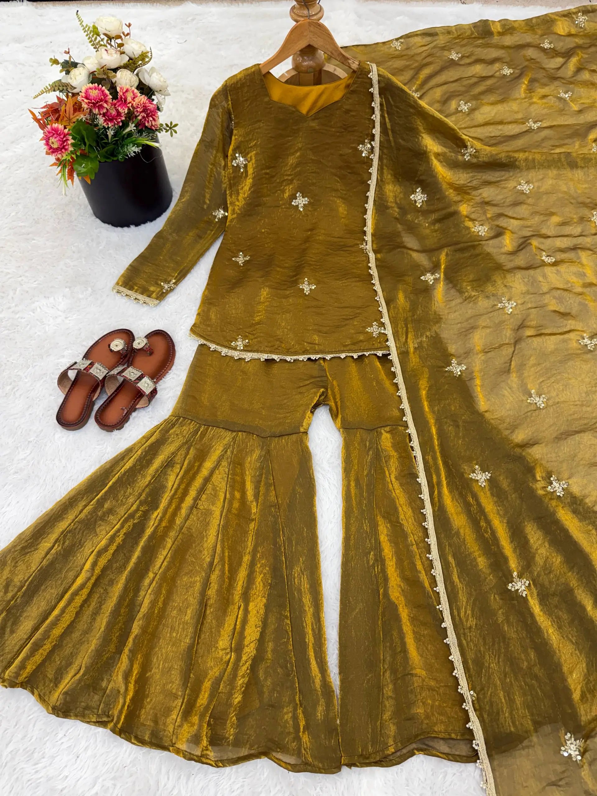 Embroidered Fendi Silk Sharara Set with Dupatta