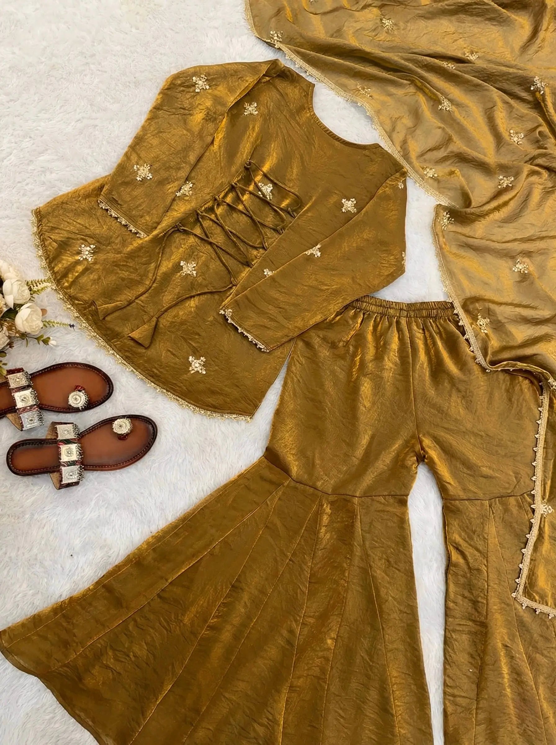Embroidered Fendi Silk Sharara Set with Dupatta
