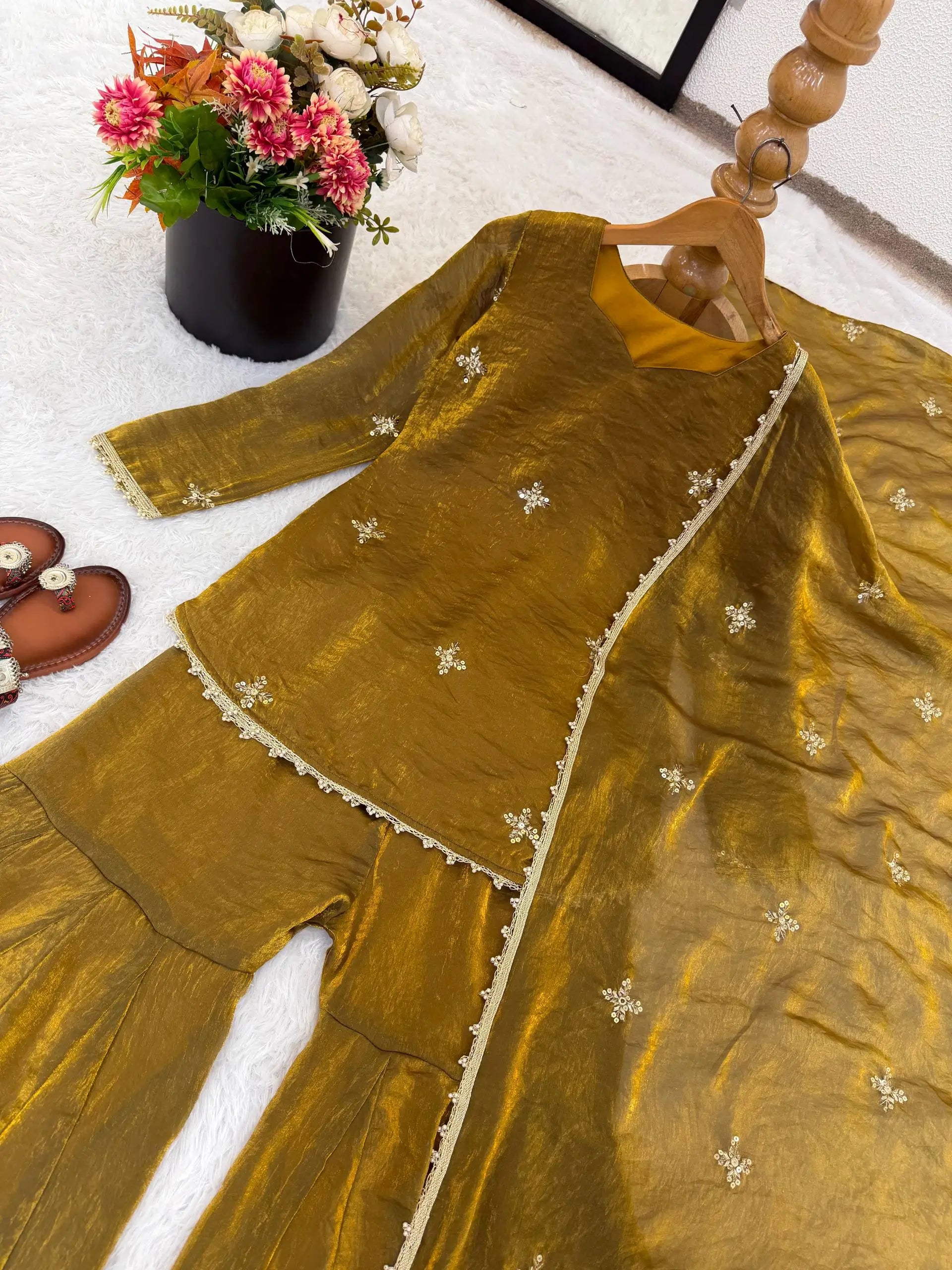 Embroidered Fendi Silk Sharara Set with Dupatta