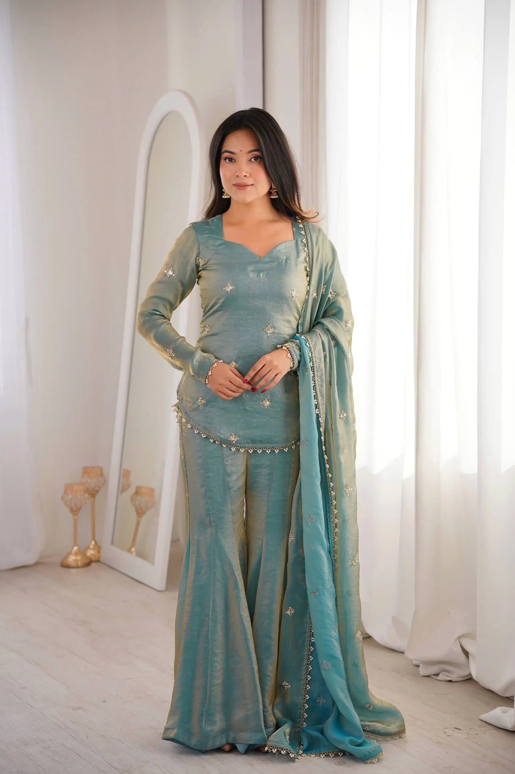 Embroidered Fendi Silk Sharara Set with Dupatta