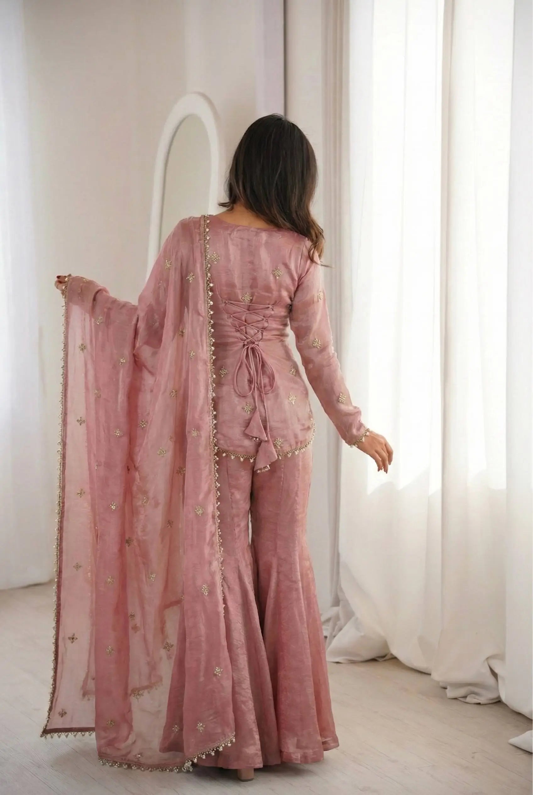 Embroidered Fendi Silk Sharara Set with Dupatta