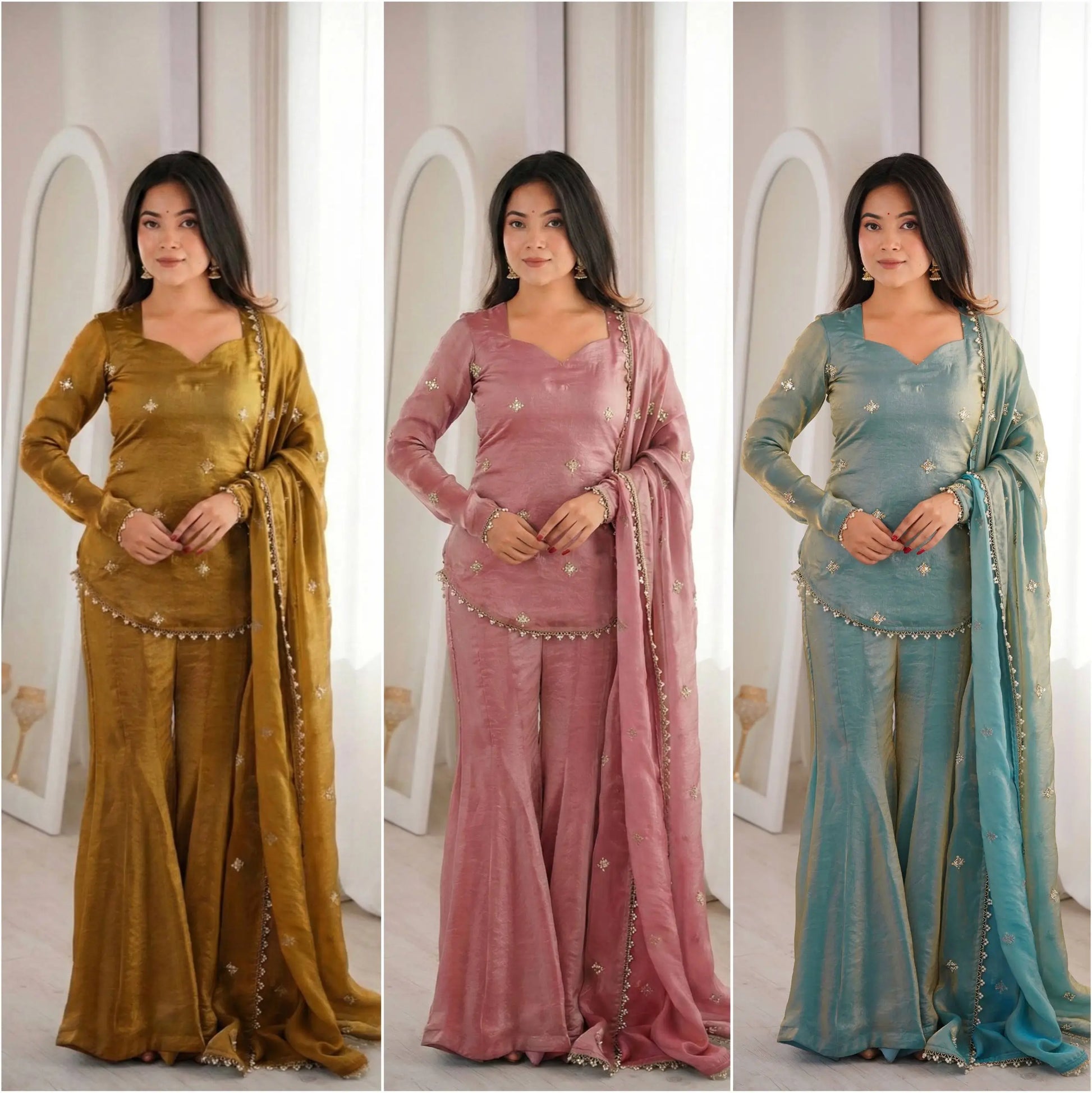 Embroidered Fendi Silk Sharara Set with Dupatta