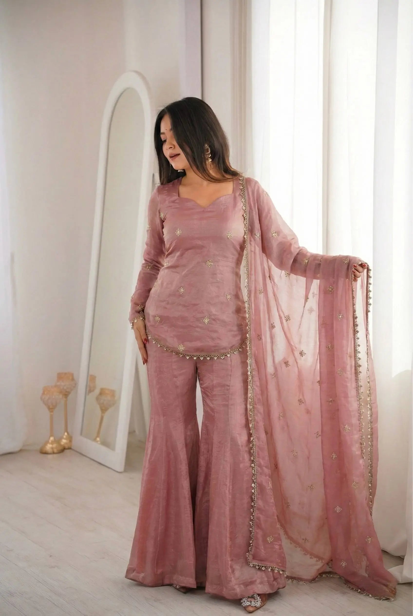 Embroidered Fendi Silk Sharara Set with Dupatta