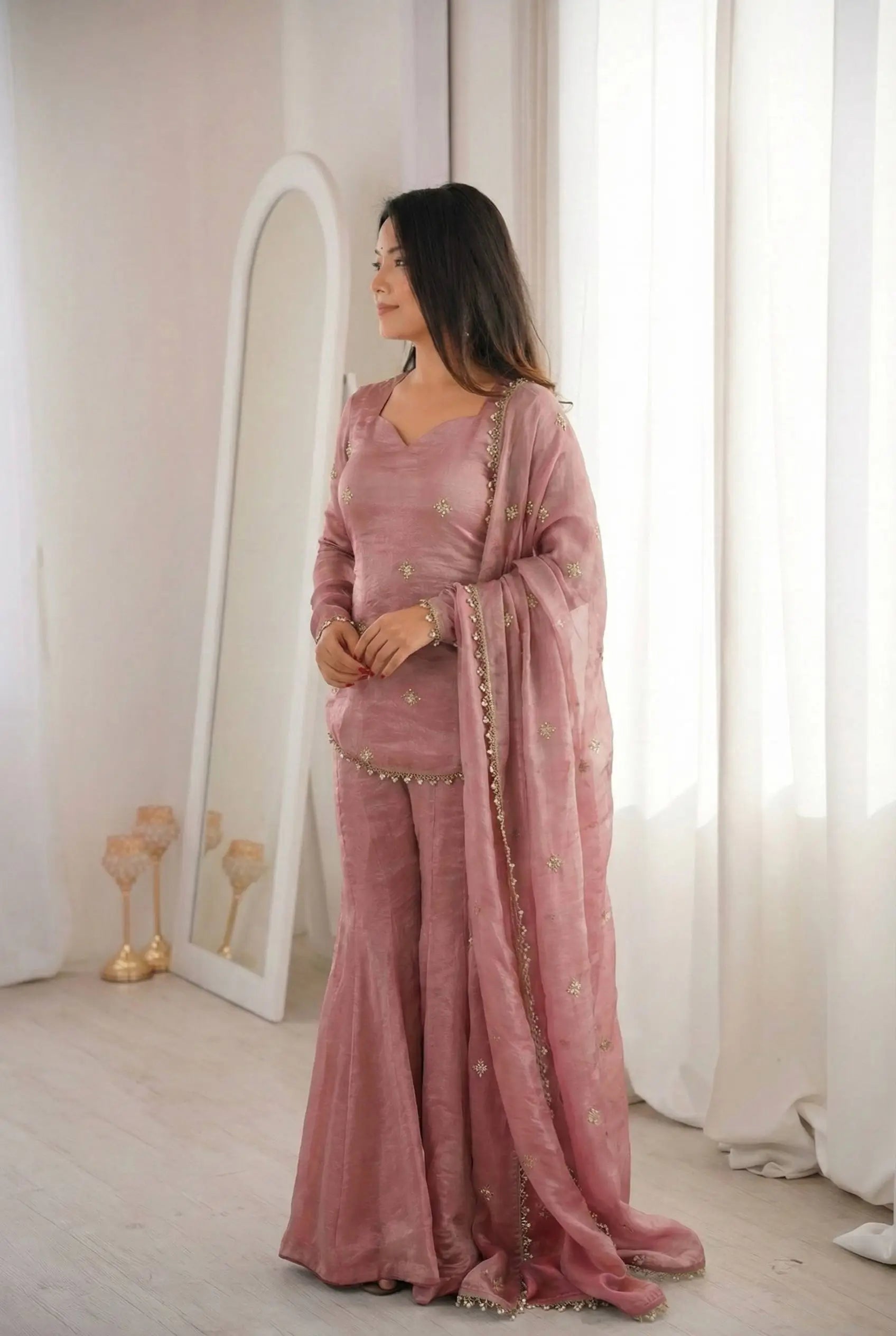 Embroidered Fendi Silk Sharara Set with Dupatta