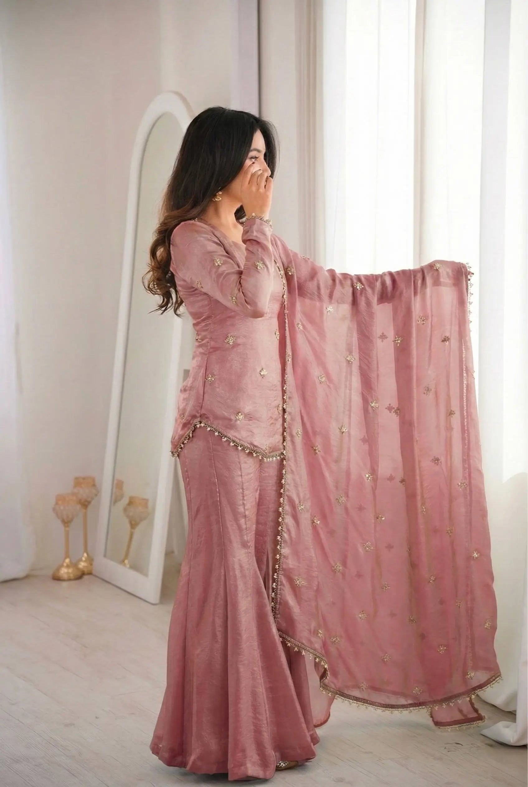 Embroidered Fendi Silk Sharara Set with Dupatta