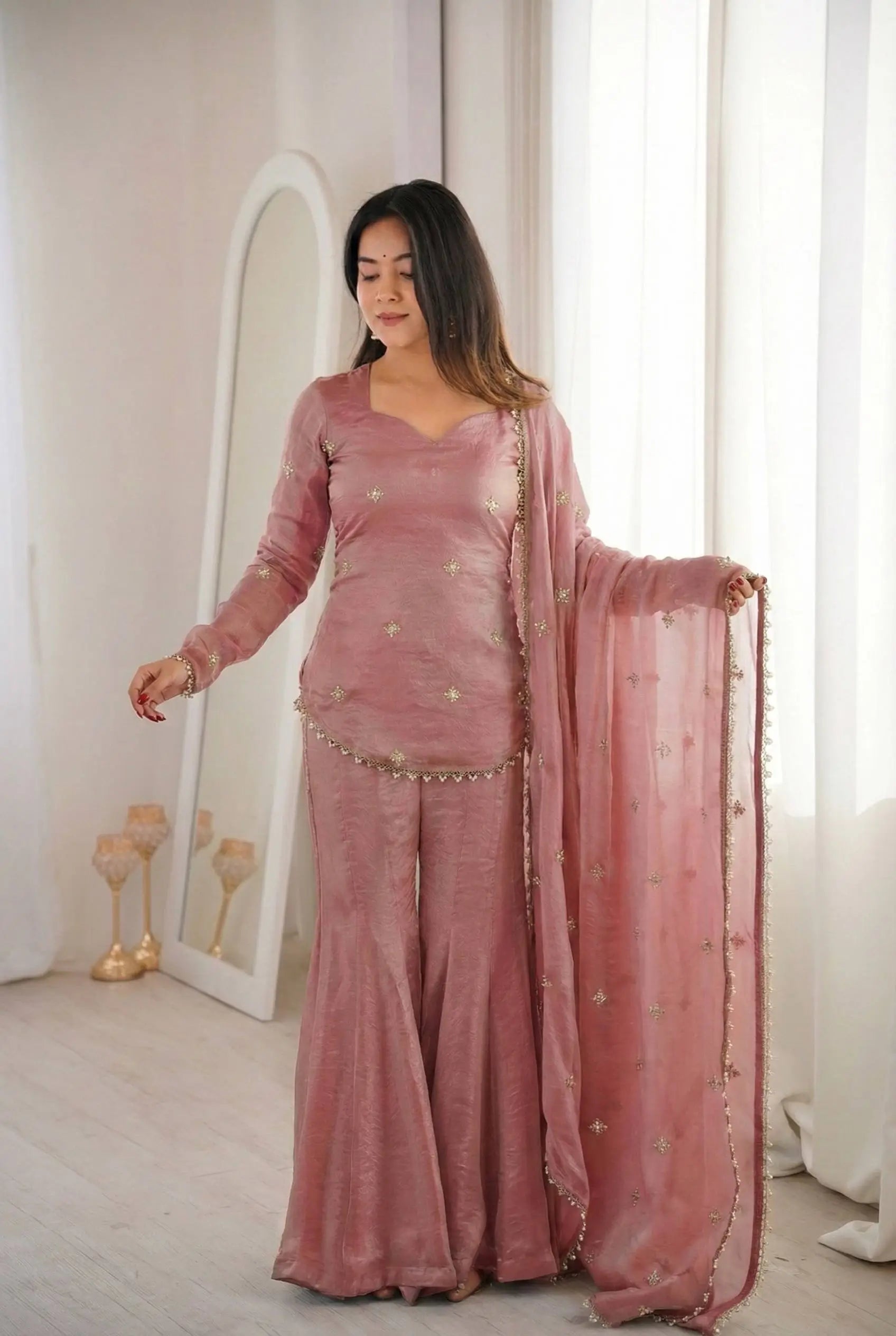 Embroidered Fendi Silk Sharara Set with Dupatta
