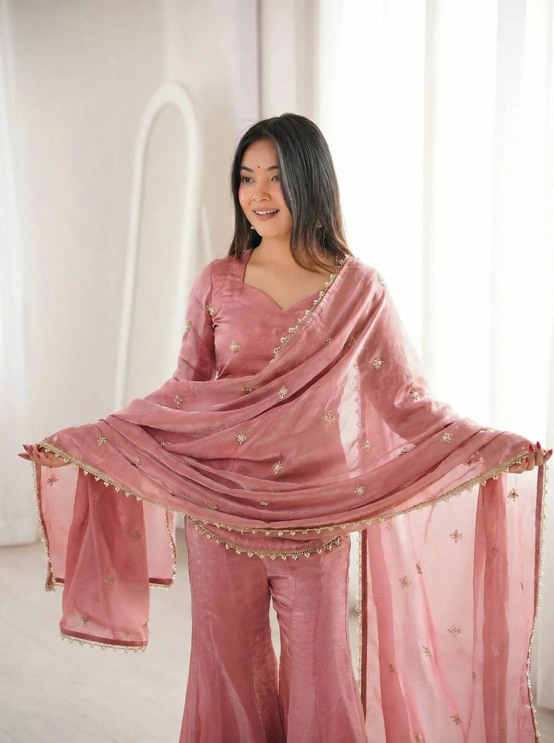 Embroidered Fendi Silk Sharara Set with Dupatta