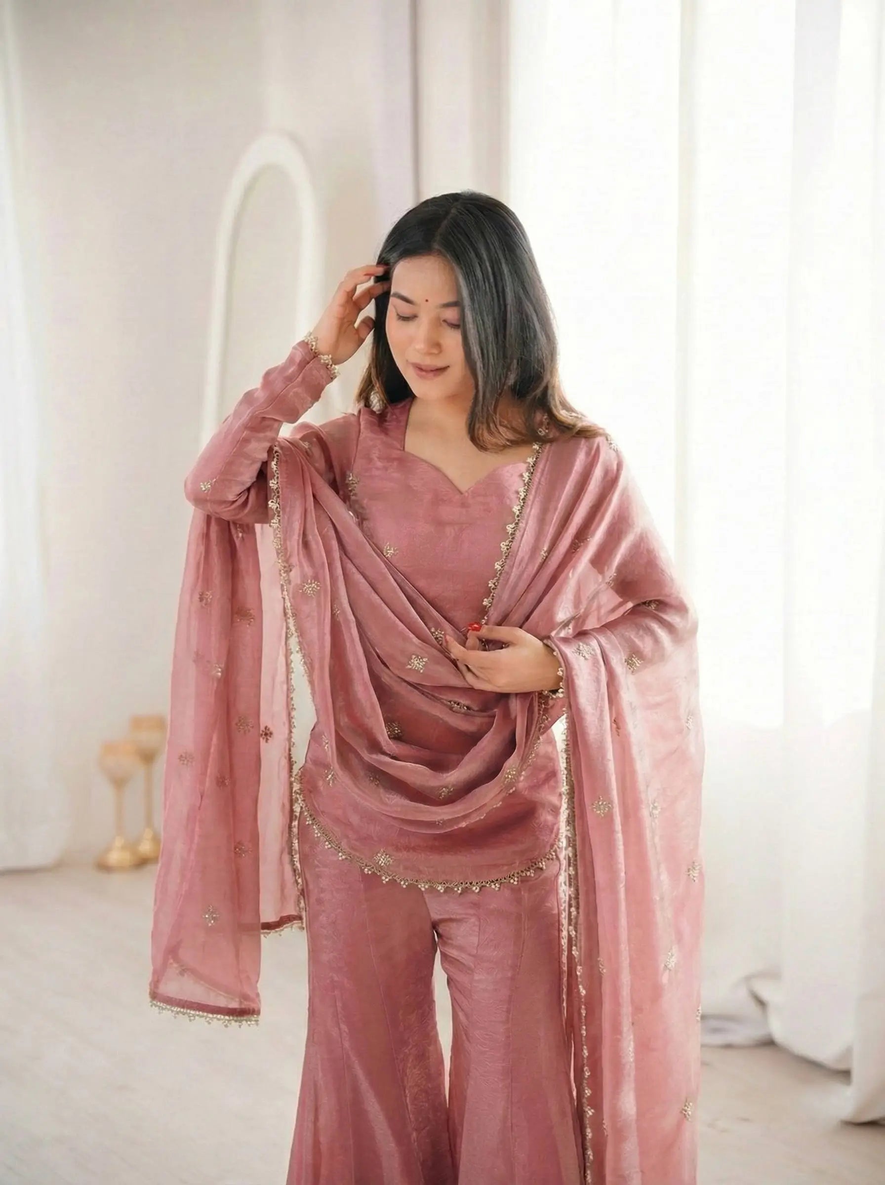 Embroidered Fendi Silk Sharara Set with Dupatta