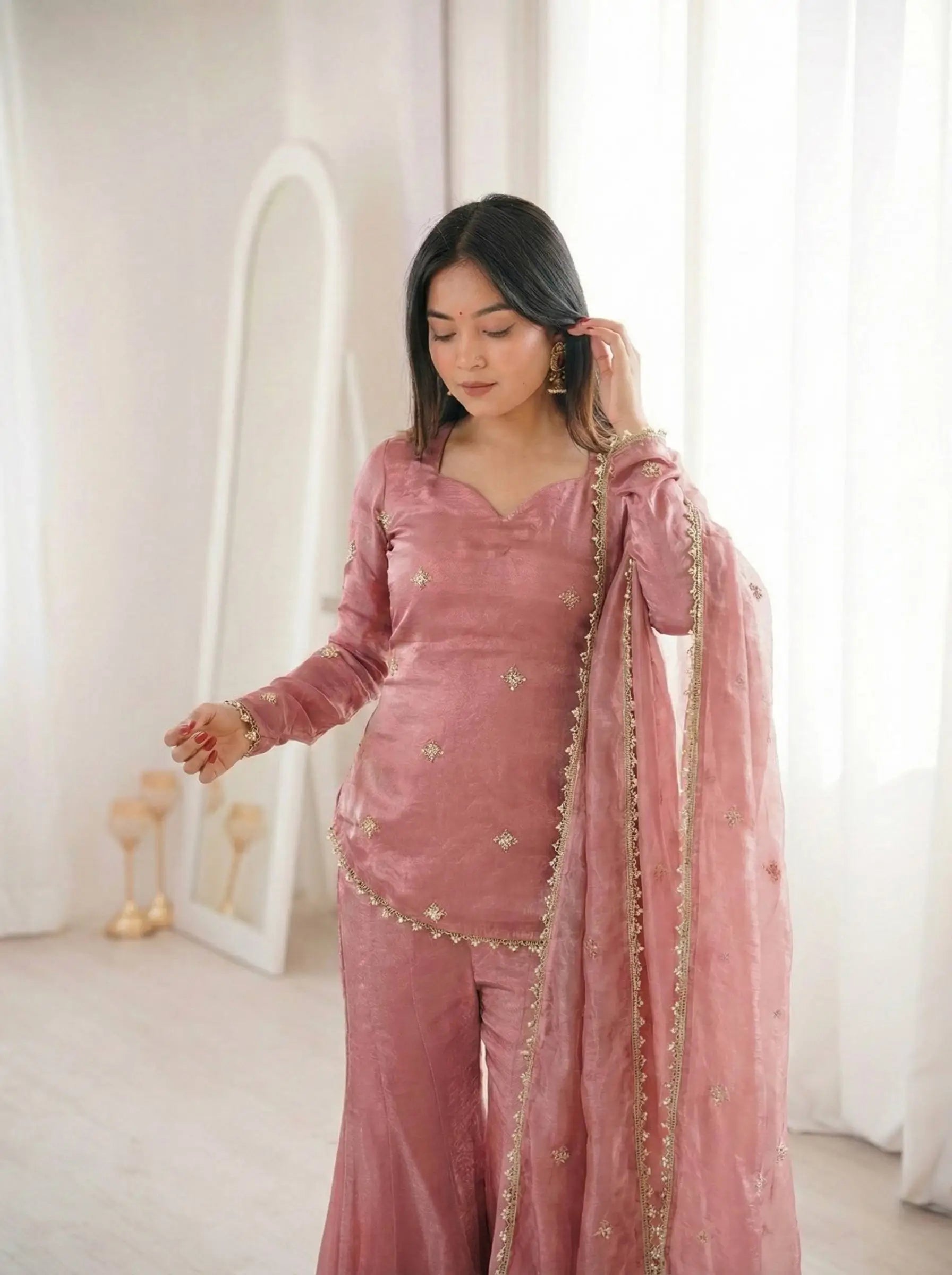 Embroidered Fendi Silk Sharara Set with Dupatta
