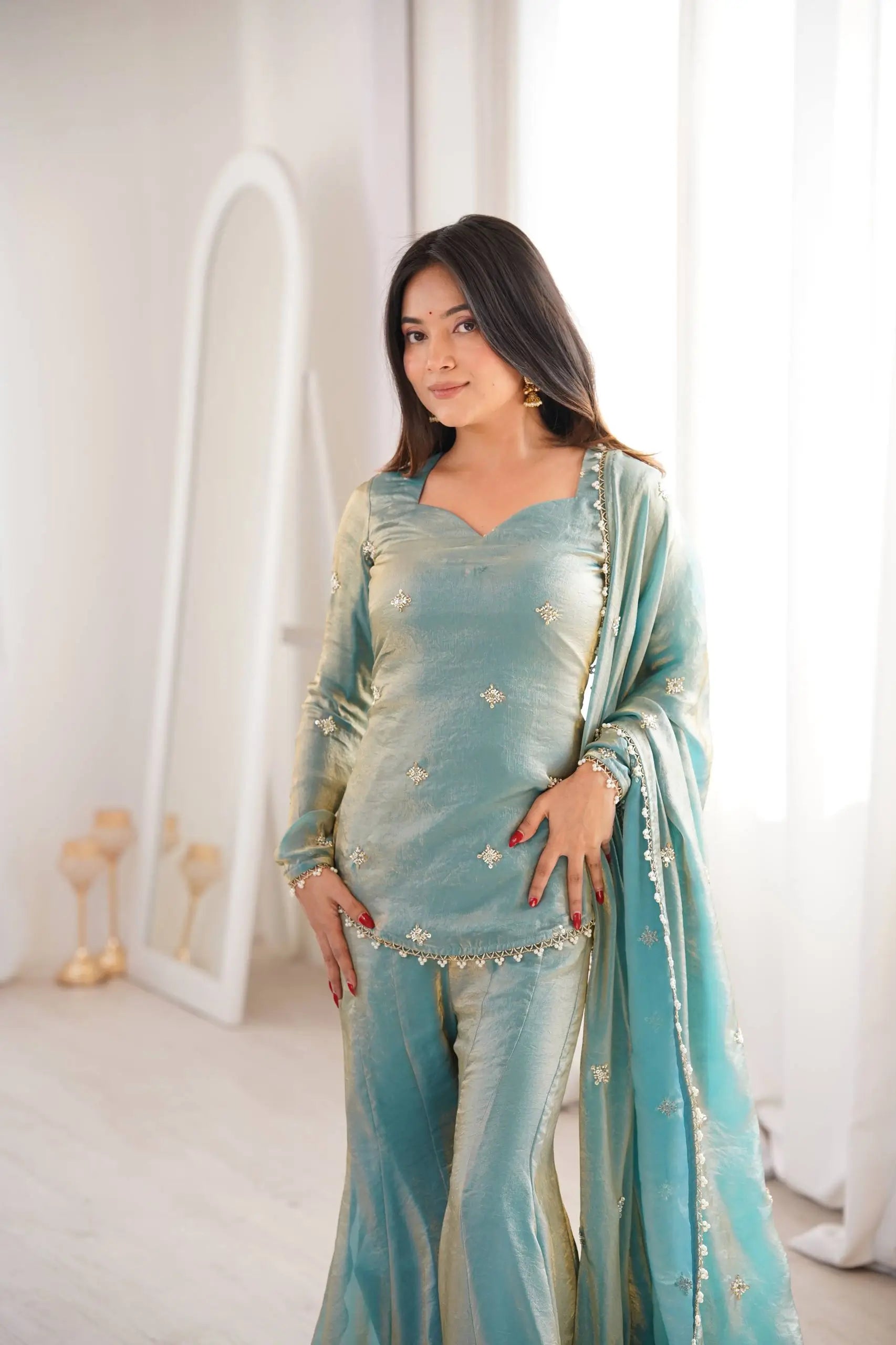 Embroidered Fendi Silk Sharara Set with Dupatta