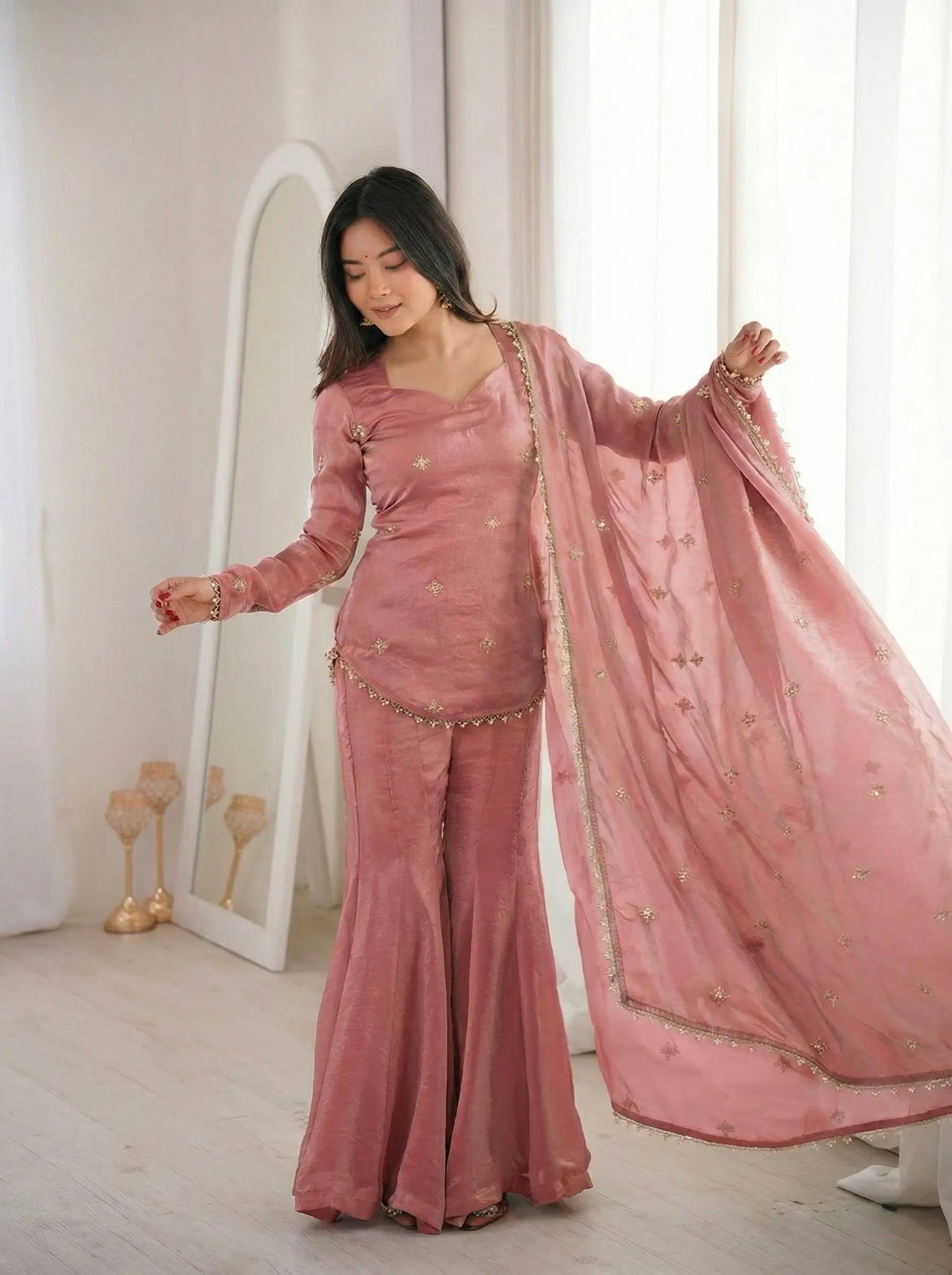 Embroidered Fendi Silk Sharara Set with Dupatta