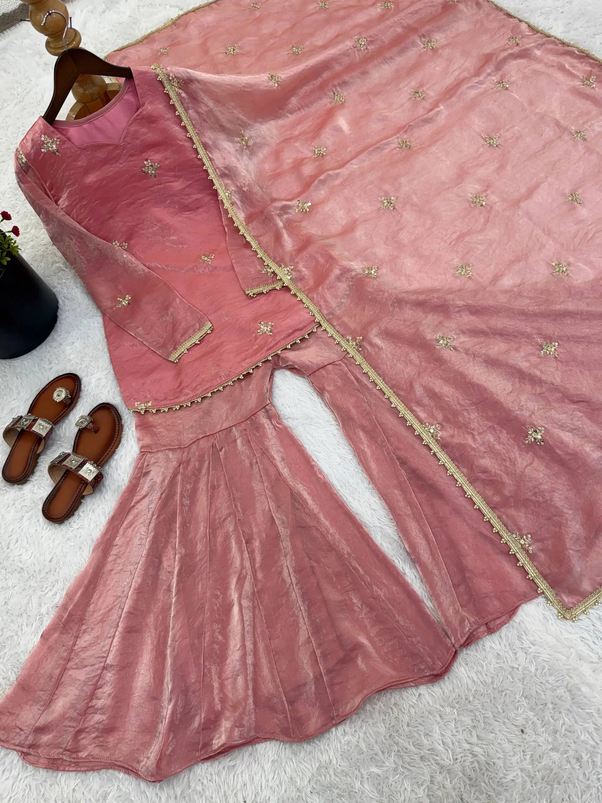 Embroidered Fendi Silk Sharara Set with Dupatta